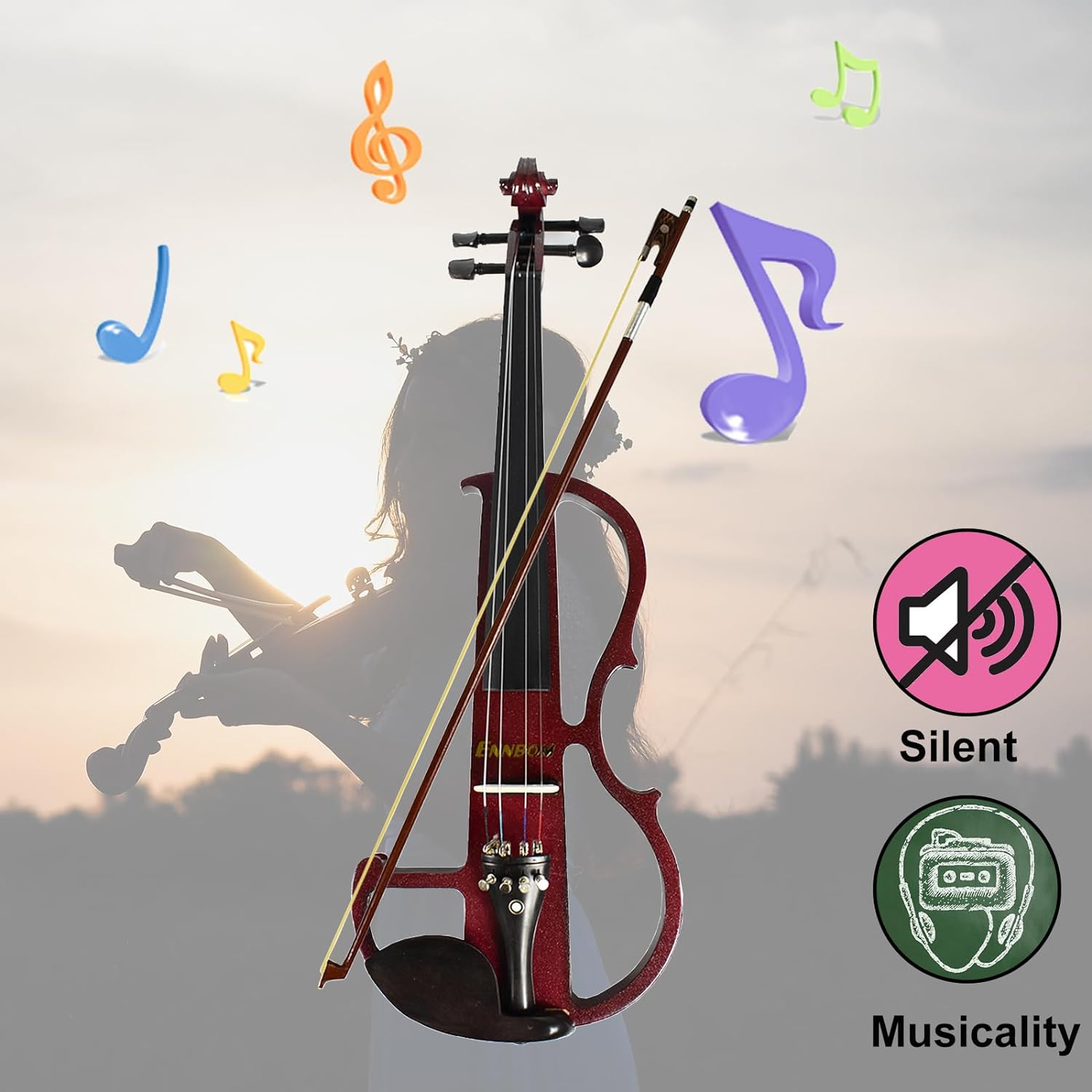 ENNBOM Beginner 4/4 Electric Violin Ebony Silent Violin Electric Violin Introductory Set (Wine Red) image number 6
