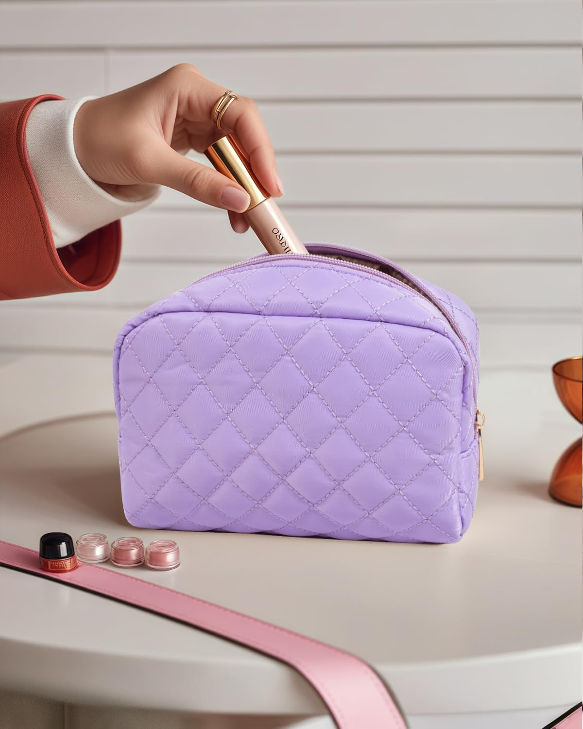 DDPOND Makeup Bag Travel Cosmetic Bag,Small Make up Bags for Women Makeup Organizer Case, Toiletry Bag Quilted Make up Bags Travel Essentials Toiletries Accessories (Black) - Beige image number 4