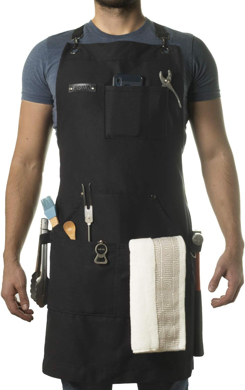 Asaya Chef Apron for Men and Women + Hand Towel and Bottle Opener - 10Oz Canvas