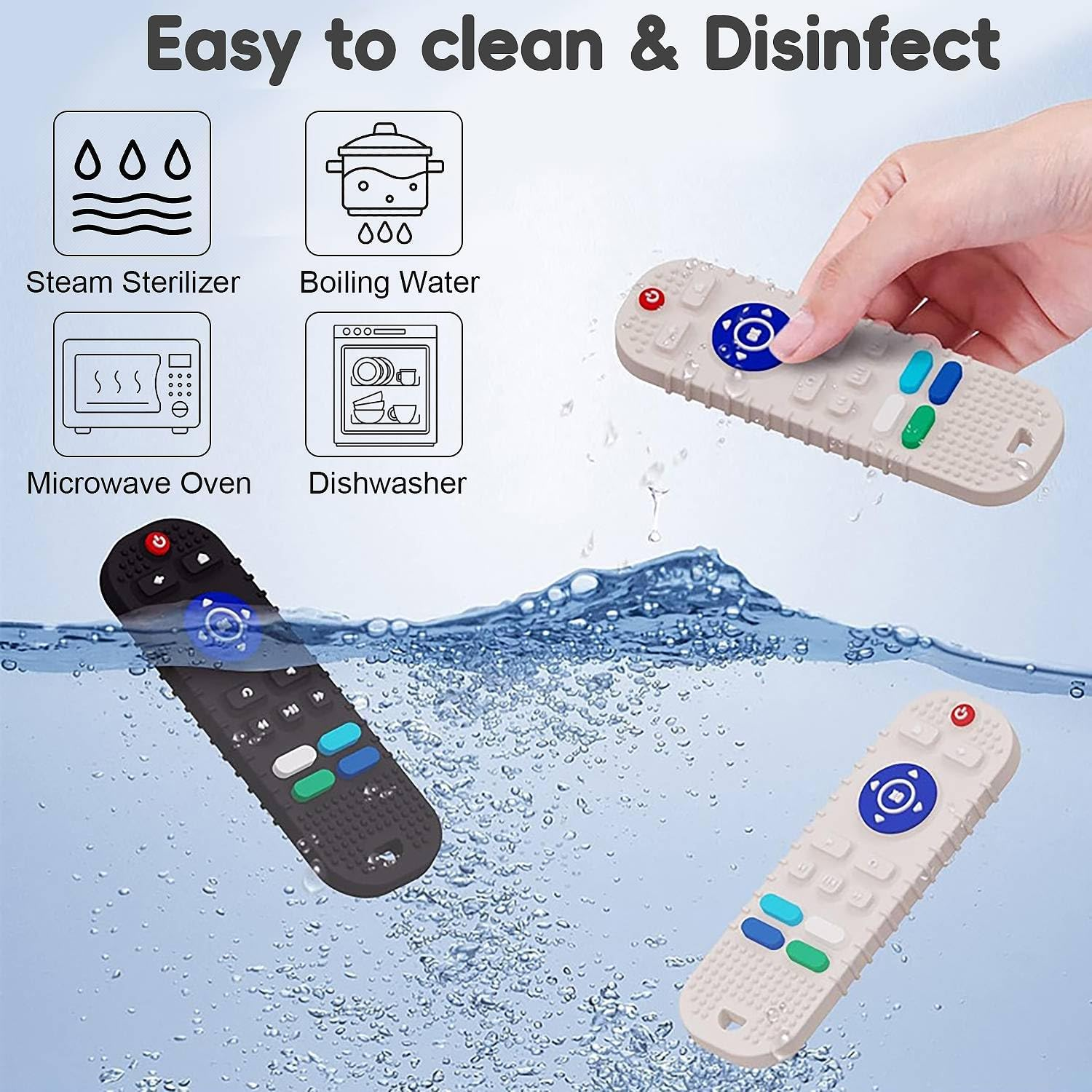 2 Pack Soft Silicone Teething Toys for Toddlers, Babies 0 3 6 9 12 18 Months - Boys Baby Molar Teether Chew Toys Set Gift, TV Remote Control(Black + Grey) image number 2