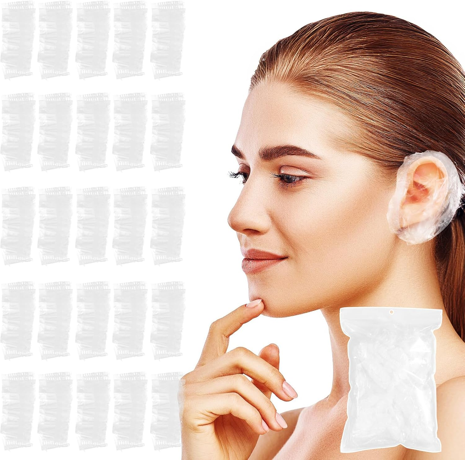 Disposable Ear Covers for Shower - Waterproof Plastic Ear Covers Ear Shower Caps, Bath Ear Covers Protectors for Hair Dye Cap Hair Dryer (100 Pcs) image number 2