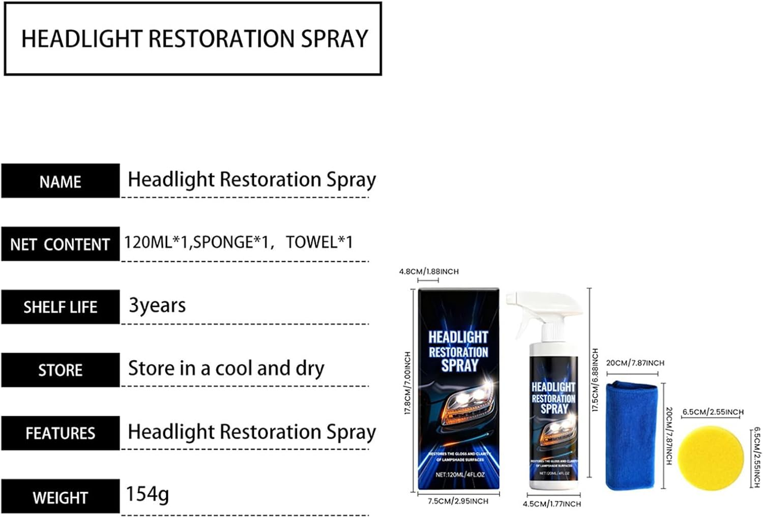 Headlight Restorer Kit,120Ml with Towel and Sponge Long-Lasting Cleaner - Headlight Surfaces Restorer - for Automotive Exterior Motorcycle Garage Clarity Maintenance image number 6