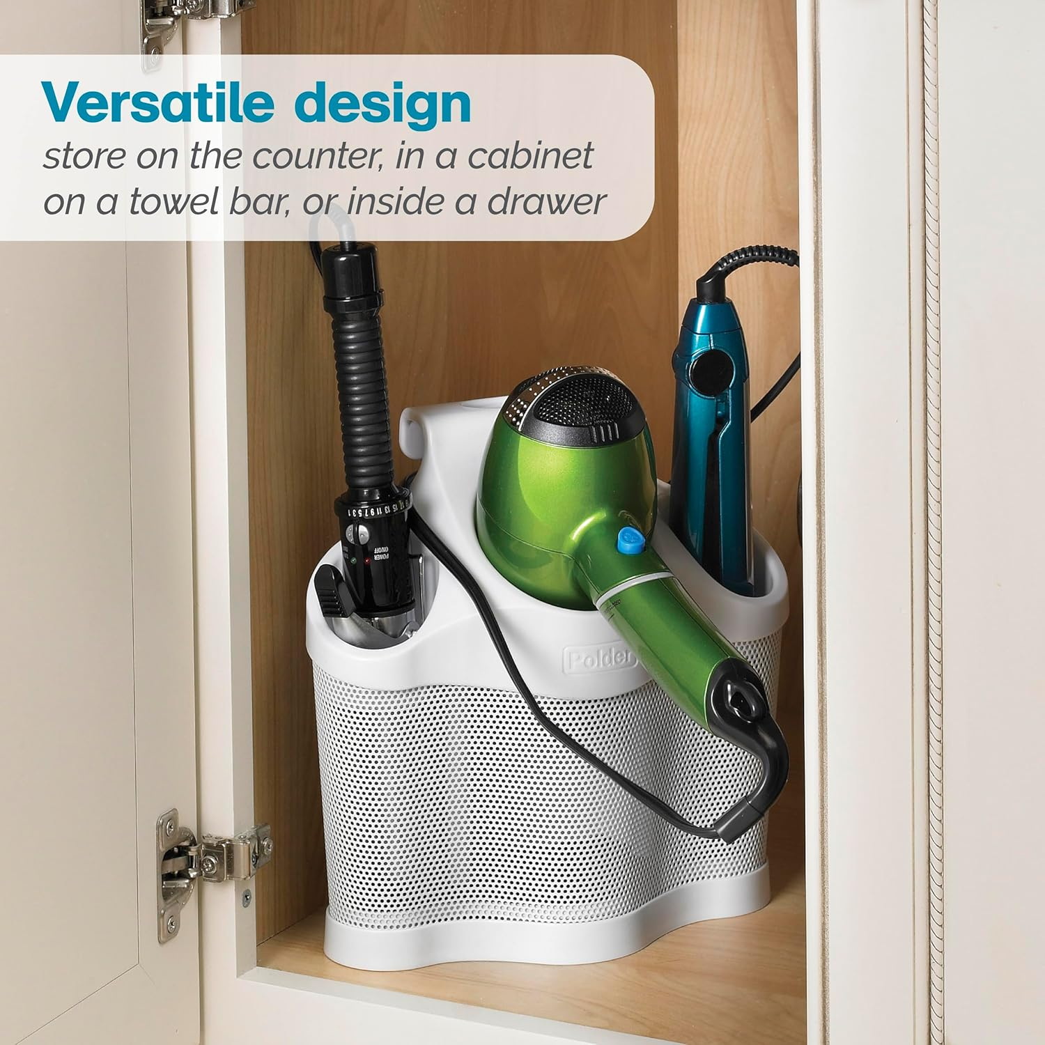 Polder Style Station, Organization for Styling Tools: Hair Dryers,Curling Irons, Straighteners, Brushes, Hang over Towel Rack, Store Undersink or in Drawer, White and Silver