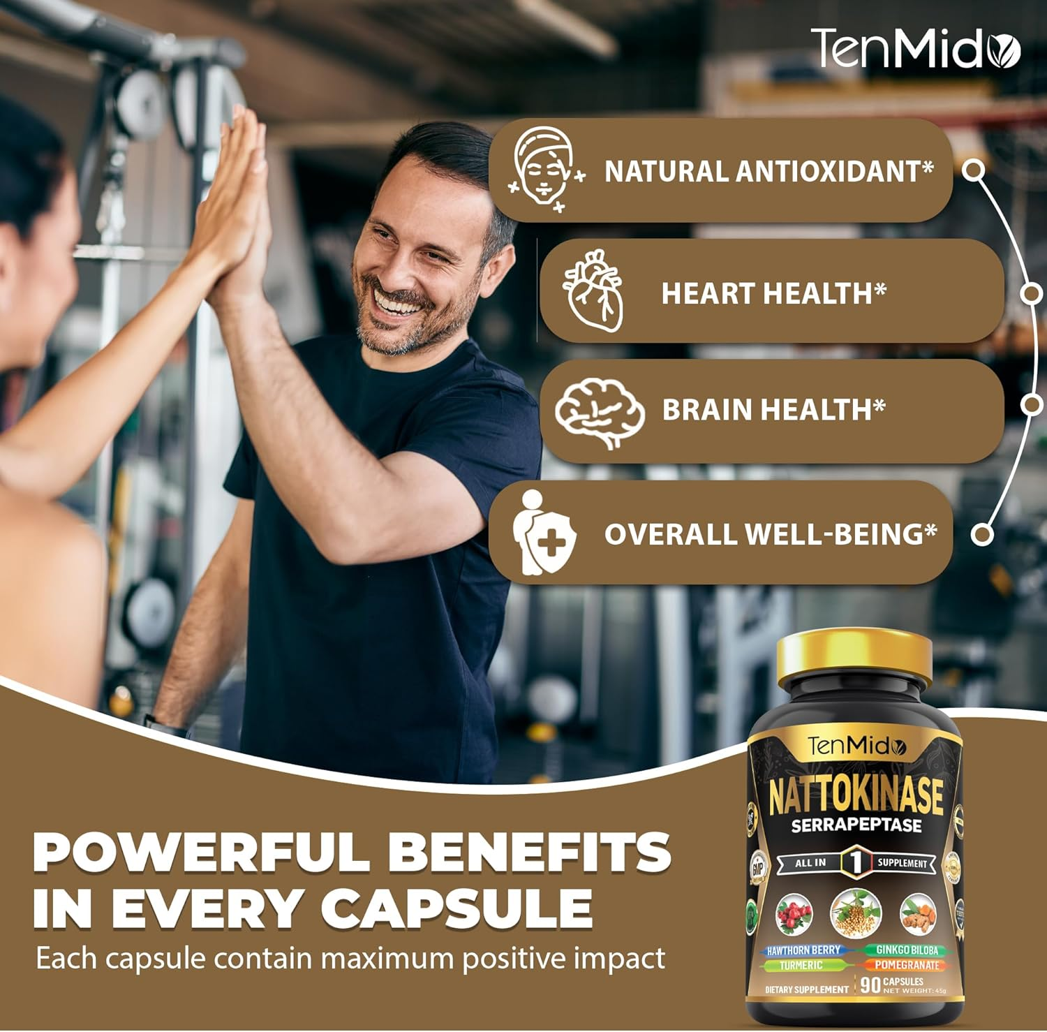Tenmido Nattokinase Supplements - 7In1 with Hawthorn Berry, Turmeric, Ginkgo Biloba, Pomegranate, Serrapeptase & Black Pepper - 90 Vegan & Non-Gmo Capsules image number 5