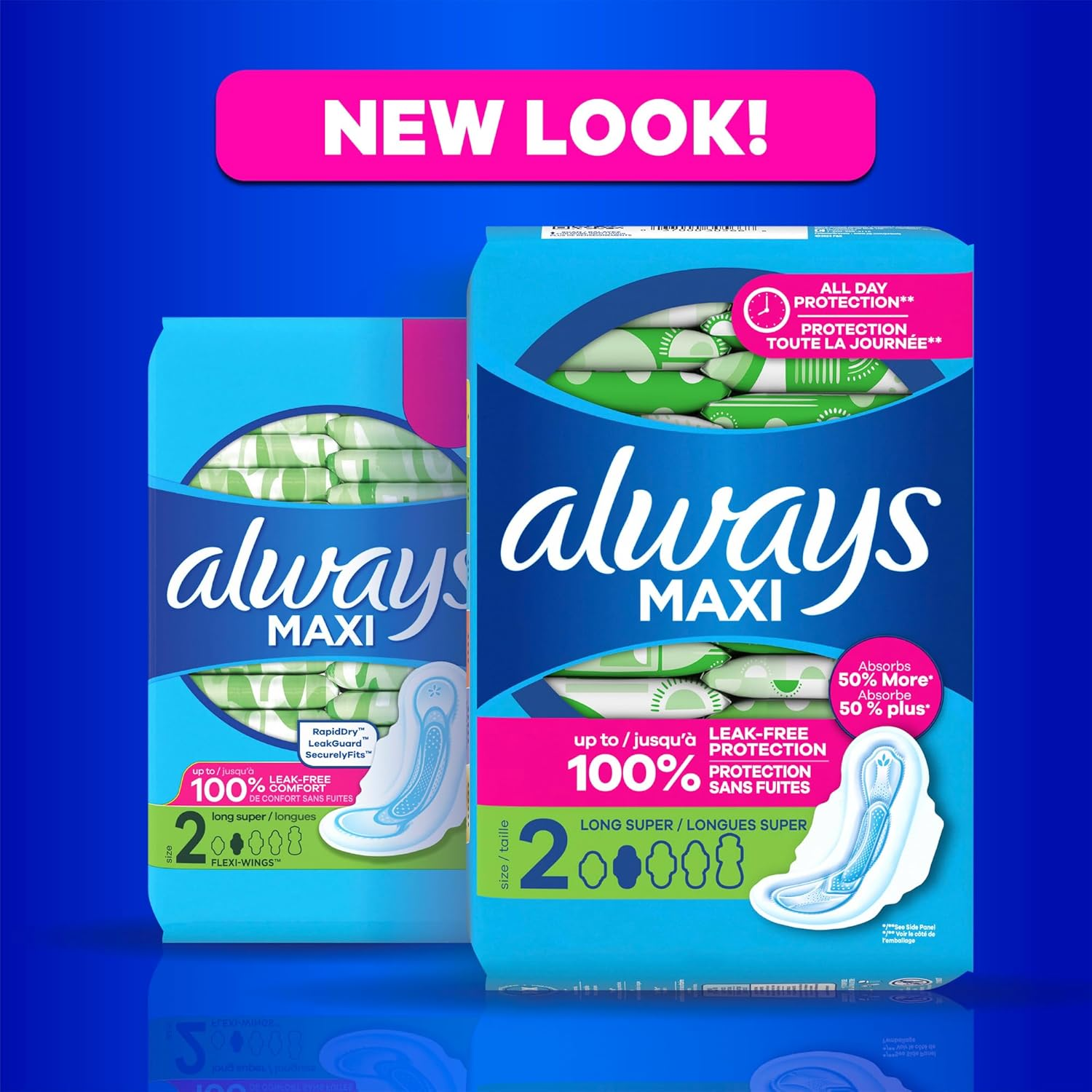 Always Maxi Feminine Pads for Women, Size 2, Long, Super Absorbency, with Wings, Unscented, 42 Count (Packaging May Vary) image number 6