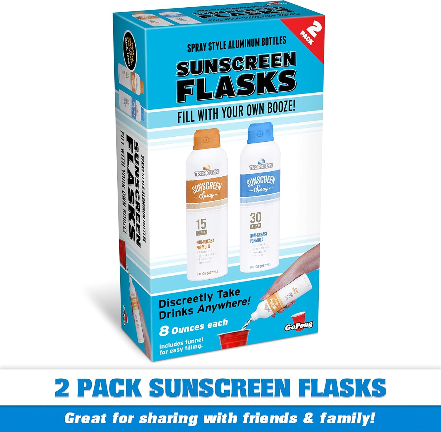 Gopong Sunscreen Flask 2 Pack - Aluminum Spray Bottle Hidden Flask for Liquor - Includes Funnel and Liquor Bottle Pour Spout