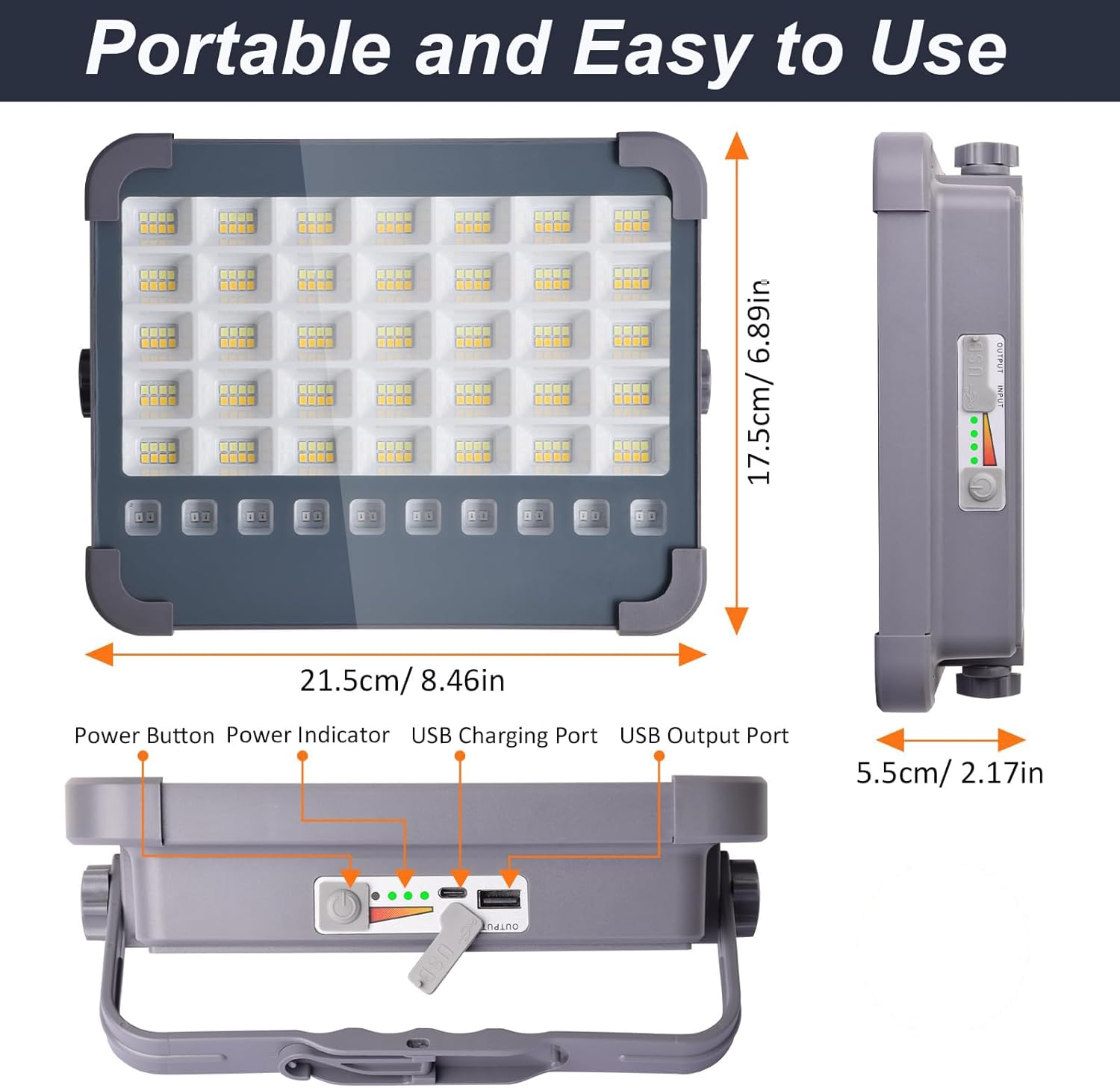 LED Solar Work Light 100W Portable Worklights with 5Modes Rechargeable Flood Light Waterproof Outdoor Working Lamp for Camping Garage Car Repairing Construction Site Lighting image number 4