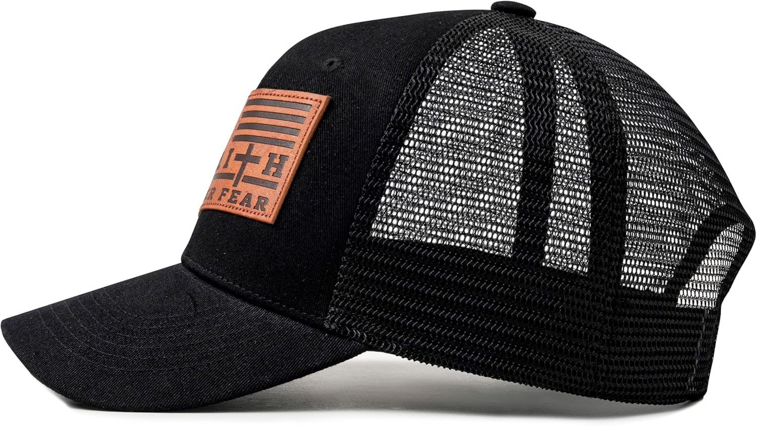 Christian US Flag Hat for Men Women, Faith over Fear Cross Hat, Jesus USA Flag Leather Patch Adjustable Baseball Cap - Christian-Embroidered image number 4