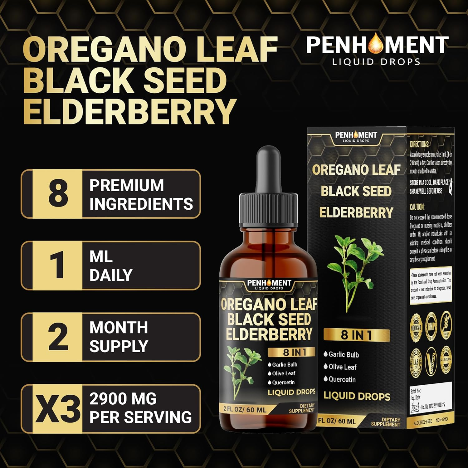 Penhoment 8In1 Oil of Oregano Drops with Black Seed Oil Liquid | Contains Carvacrol | Garlic, Elderberry, Olive Leaf, Quercetin, Bromelain - 2 Fl Oz