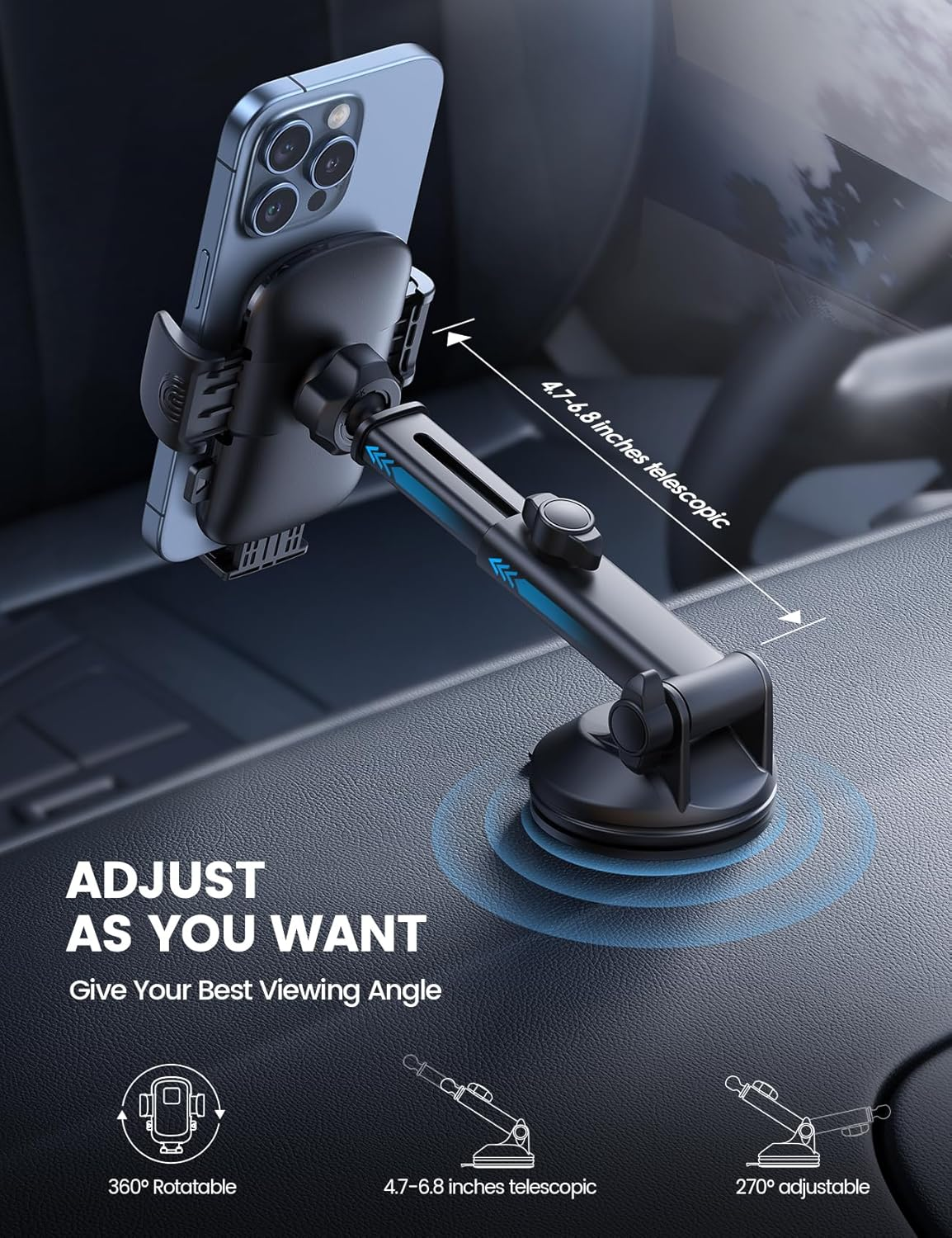 Lamicall Car Phone Holder Mount [3-In-1 Military-Grade Suction Cup] 360&deg; Rotation Phone Holders for Your Car [Metal Hook] Cell Phone Car Mount Dashboard Vent Windshield for Iphone 16 All Smartphone image number 5