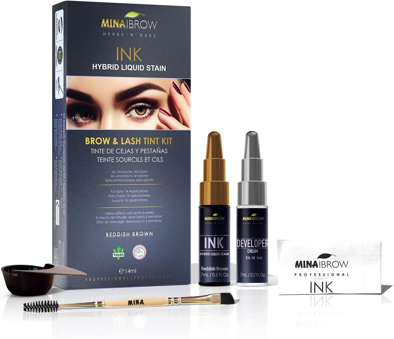 Minaibrow INK Hybrid Liquid Tint for Brow & Lashes Black |Long Lasting Spot Coloring for Brow & Lash |Instant Brow Hair Dye Tint Kit | 100% Gray Coverage - up to 14 Applications - 14Ml