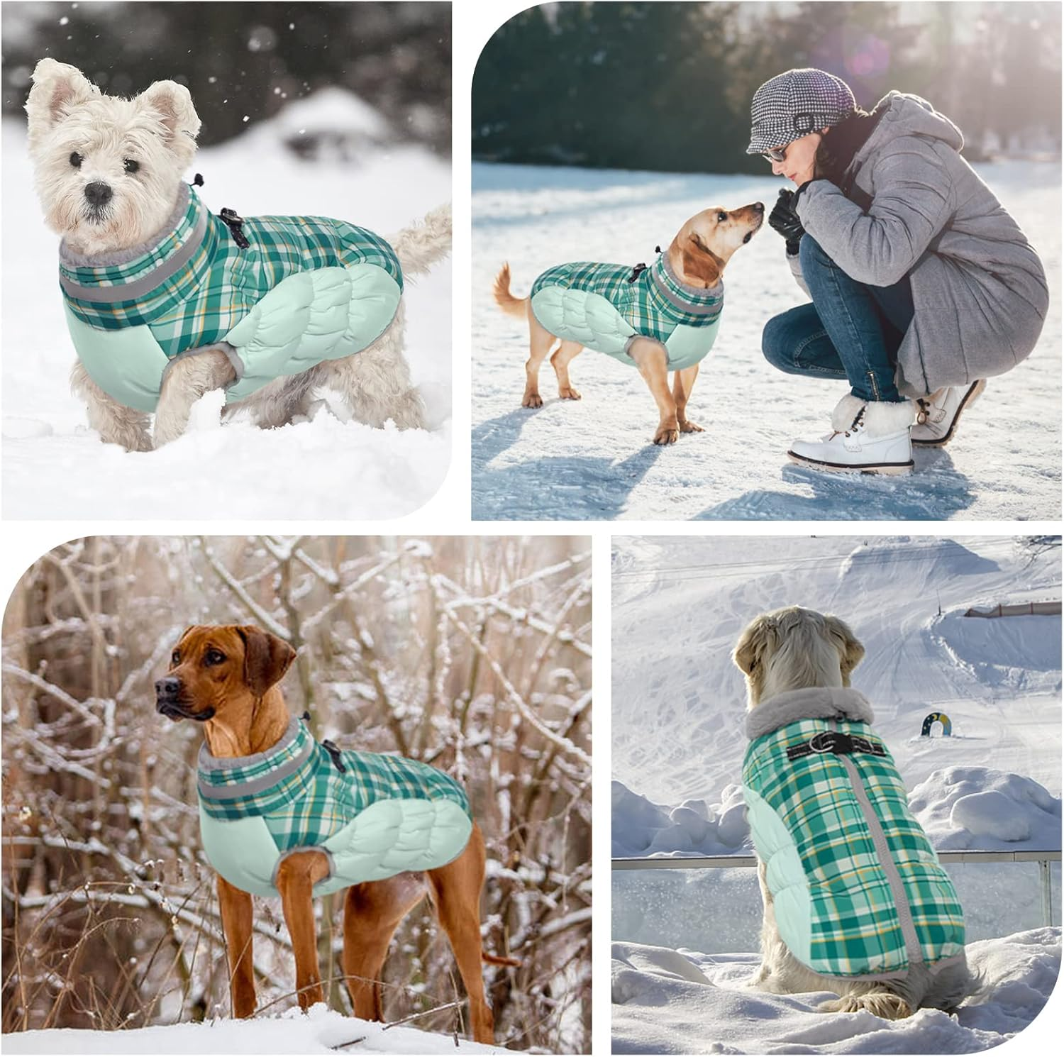Kuoser Waterproof Dog Coat - Winter Jacket with Fleece Lining, Fur Collar, Reflective Warm Vest for Cold Weather, Green Plaid, Size M image number 6