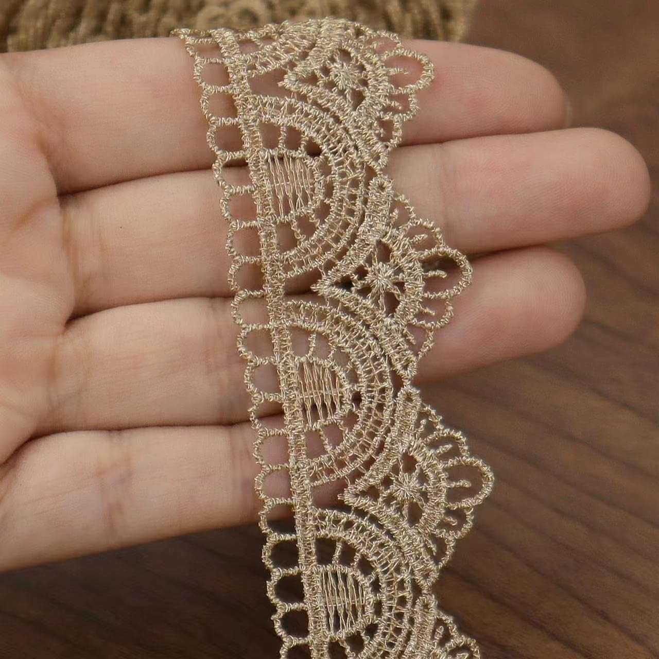 Gold Lace Ribbon 4.8 Yards Golden Embroidery Venice Lace Trim Vintage Golden for Sewing Cake Fringe Wedding Bridal Dress 1.2 Inch image number 6