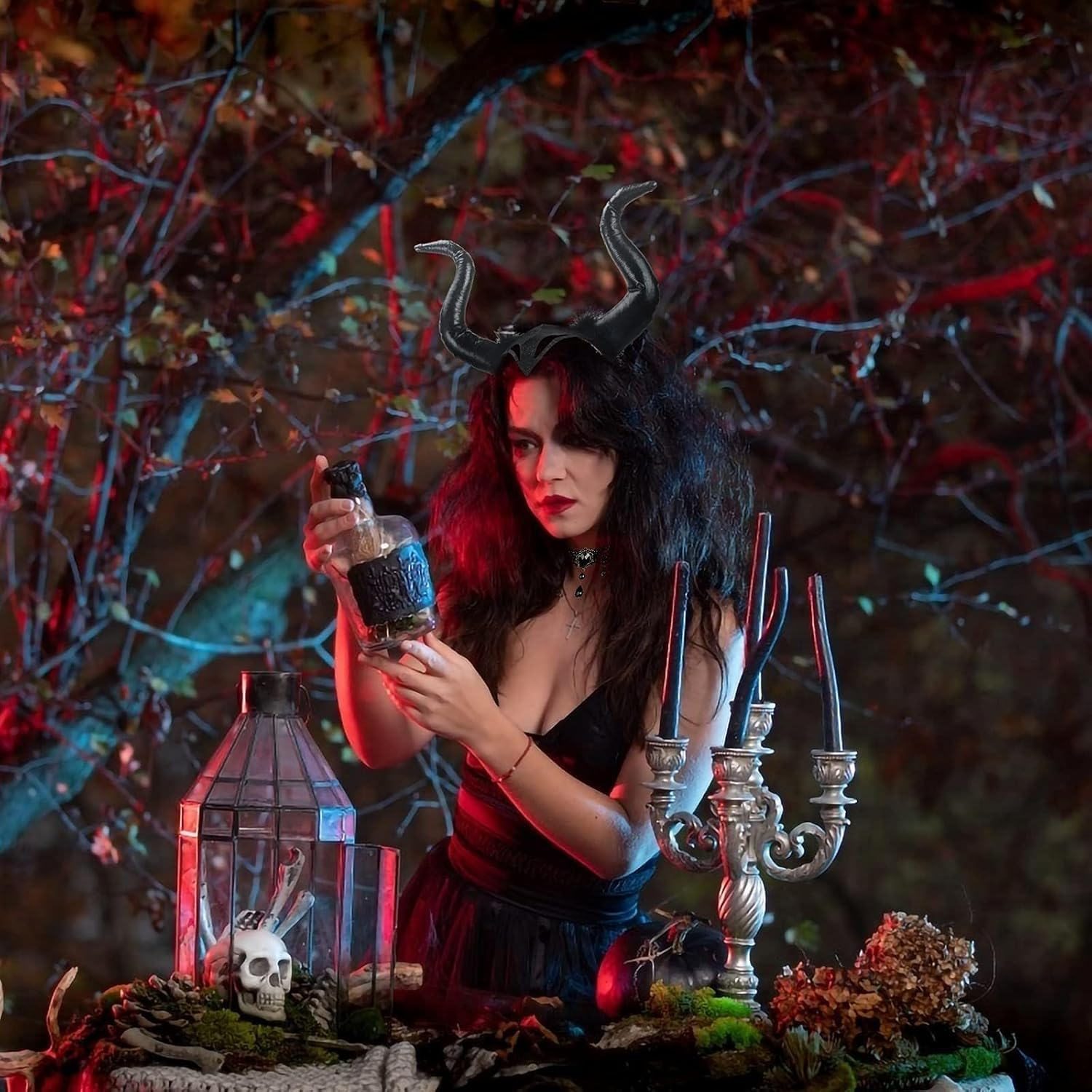 LAMEK 2 X Queen Horns Headpiece Women'S Halloween Headband with Gothic Retro Lace Necklace Devil Horns Costume Evil Headband Black Hairband for Carnival Masquerade Cosplay - B-Black Horns image number 2