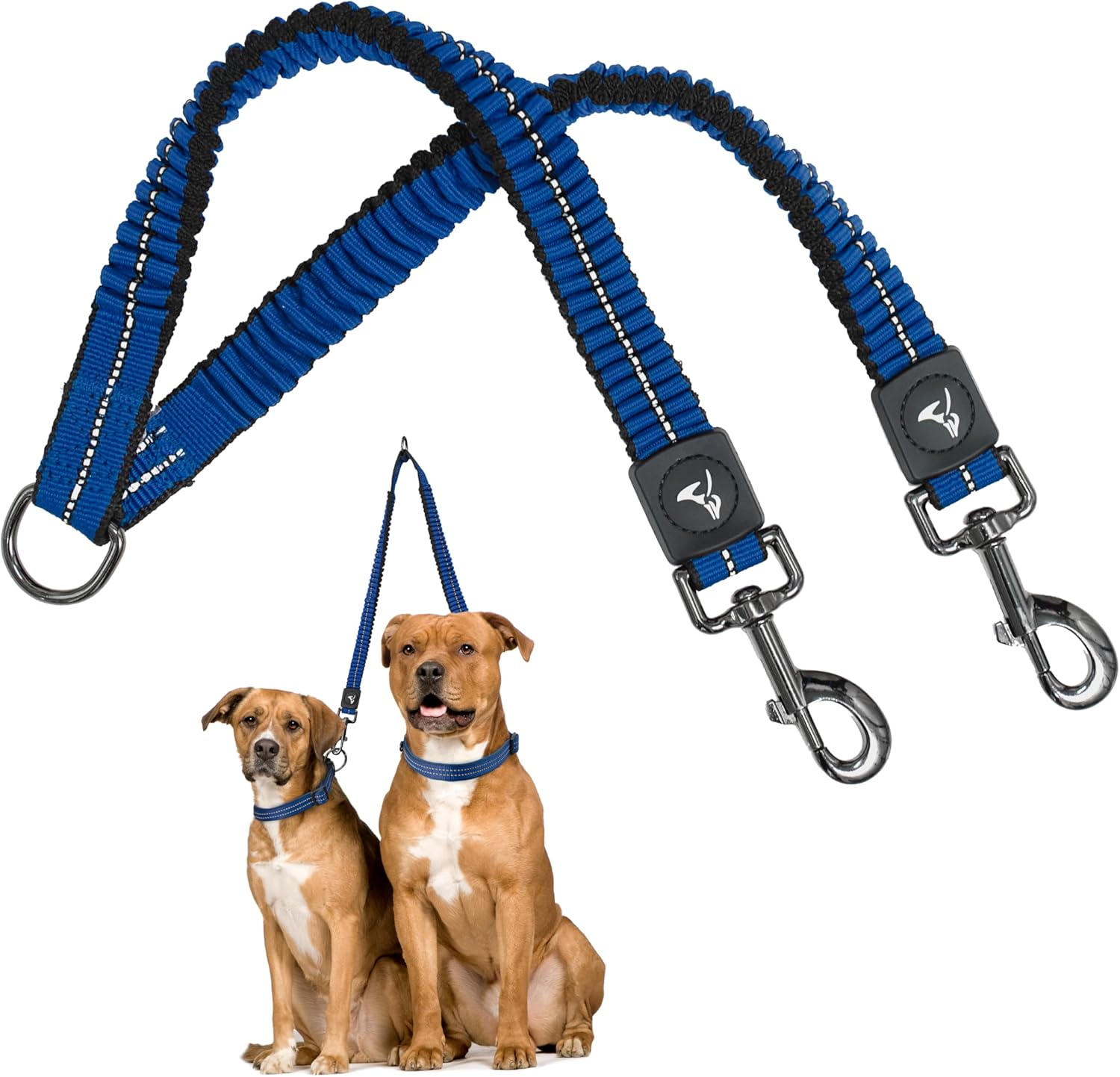 Kruz Double Dog Coupler - KZVX2-15S - Tangle Free Dog Walking and Training Dual Extension Coupler - Comfortable, Shock Absorbing - Reflective Bungee Coupler for Two Dogs - Blue - 5/8" X 14"