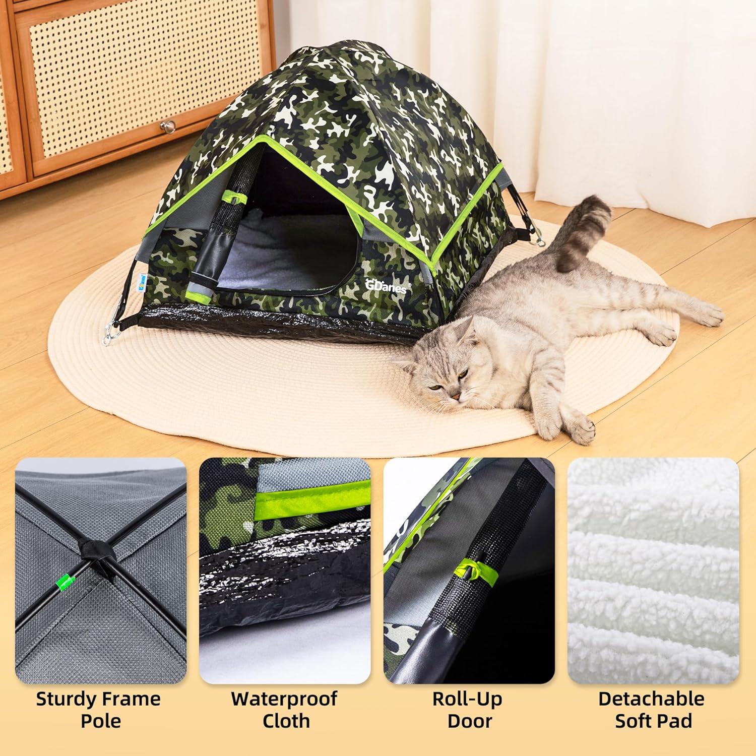 Gdanes Camouflage Cat Tent, Portable Pet Cat House with Soft Pad, Cat Cave, Dog House for Small Medium Dogs and Rabbits image number 6