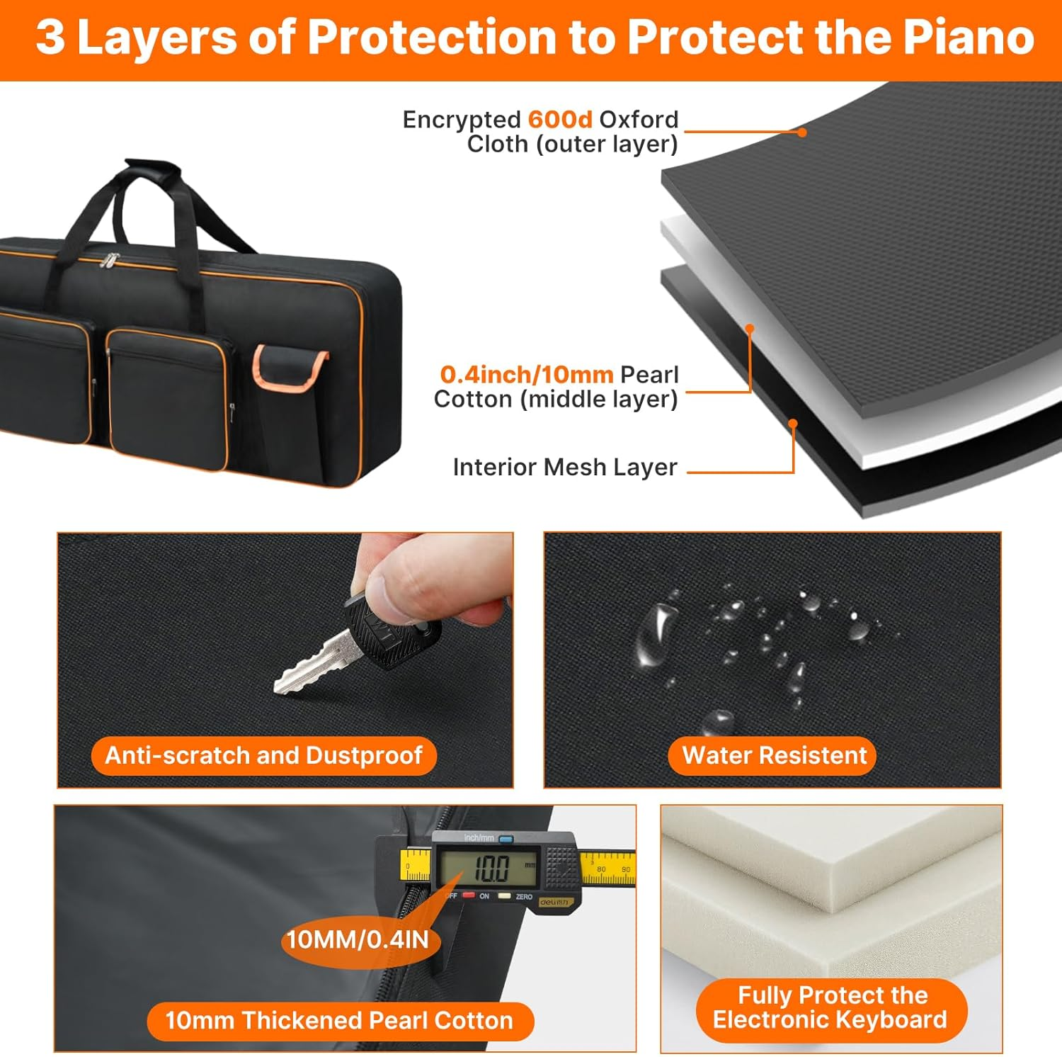 LIWSHWZ 76 Key Keyboard Case,10Mm Pearl Cotton Full Padded Electric Piano Keyboard Gig Bag with Handles,Adjustable Shoulder Straps,46.4"X17.7"X5.7"Waterproof Piano Keyboard Bag with 5 Accessory Pocket image number 4