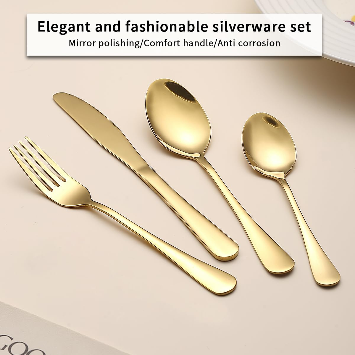 Gold Cutlery Set 48 Pieces Service for 12, Berglander Titanium Gold Coating Handle Stainless Steel Flatware Set, Knives Forks Spoons Silverware Set image number 2