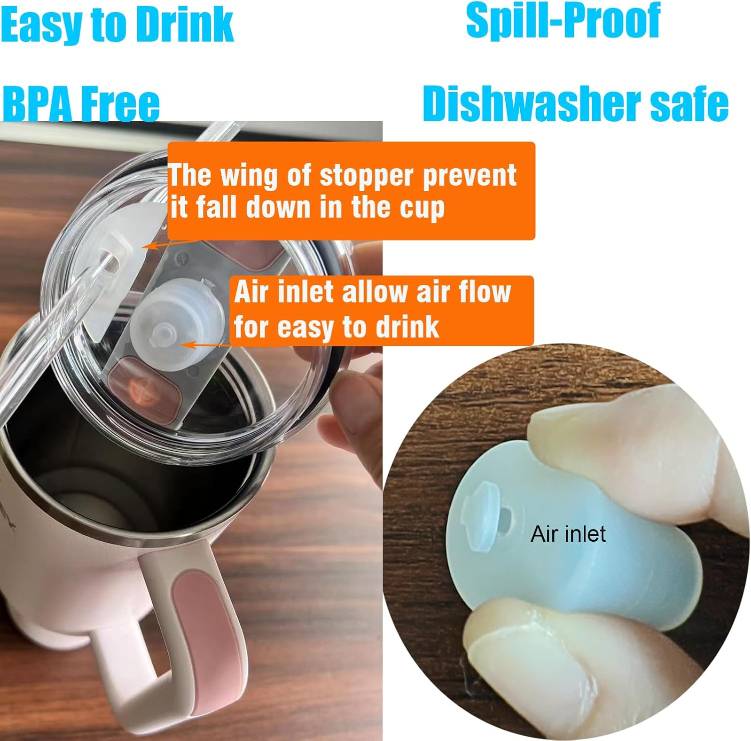 Leak Stoppers Accessories Set for Stanley H2.0 40Oz/30Oz Tumbler, Includes 2 Set No Spill Stoppers and Straw Covers, Leak Proof Stoppers for Stanley Lid (6 Pcs) image number 4