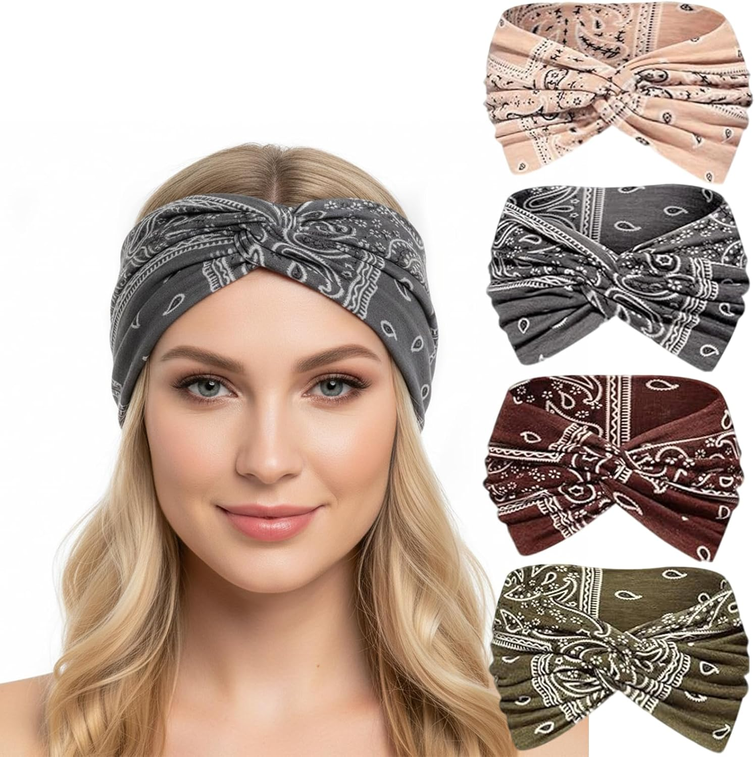 Axvxby Pack of 4 Women'S Elastic Soft Headbands, Extra Wide Hair Bands, Thin Boho Multicoloured Headband, for Yoga, Sports, Fitness image number 4