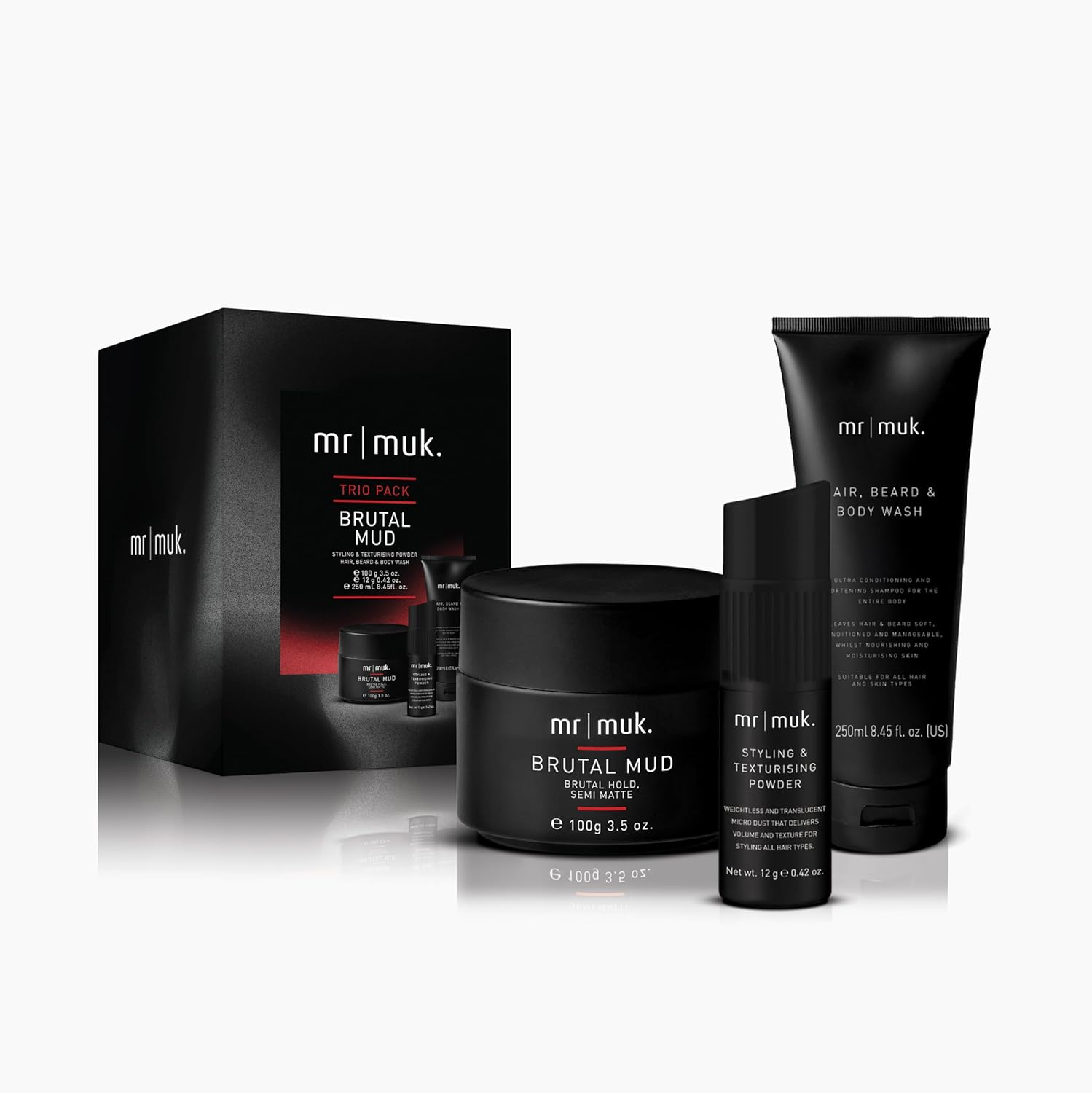 Mr Muk Brutal Mud 100G, Styling & Texturising Powder 12G & Hair Beard Body Wash 250Ml Full Size Trio Pack &ndash; Strong Hold, Matte Texture, Multi-Use Wash &ndash; Hair, Beard & Skin Care for All Types image number 2