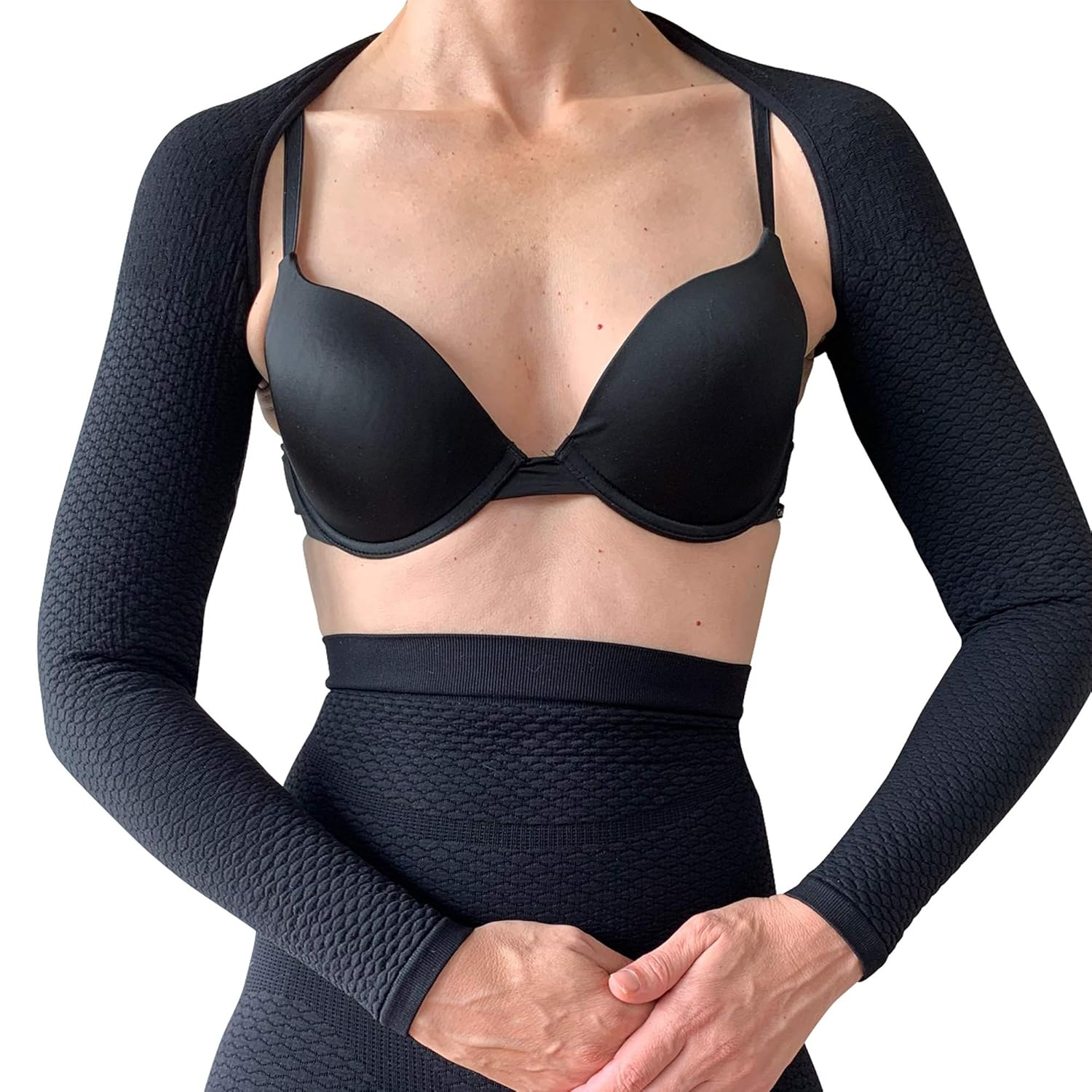 (L/XL, BLACK) - Bioflect FIR Therapy anti Cellulite Compression Slimming Arm Sleeves Wrap (L/XL, BLACK) image number 4