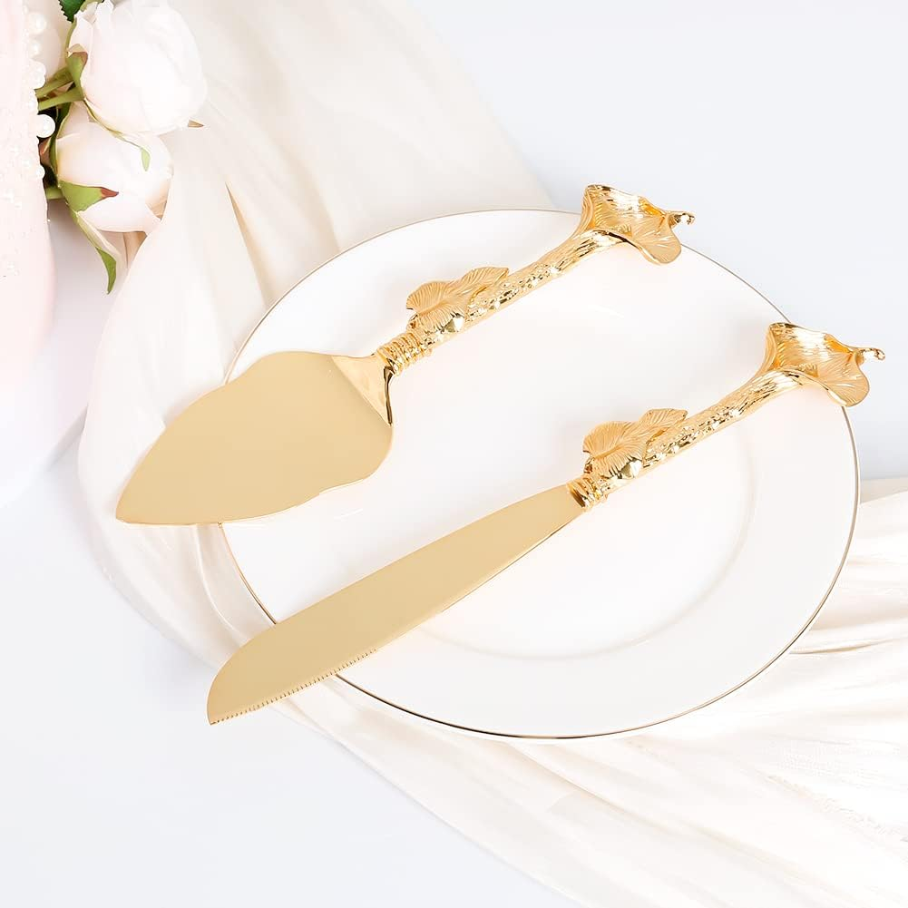 Personalized Gold Cake Knife and Server Set, Engraved Pastry Pie Server Cake Pizza Cutter, Wedding and Birthday Bridal Gift (F-Rustic) image number 2