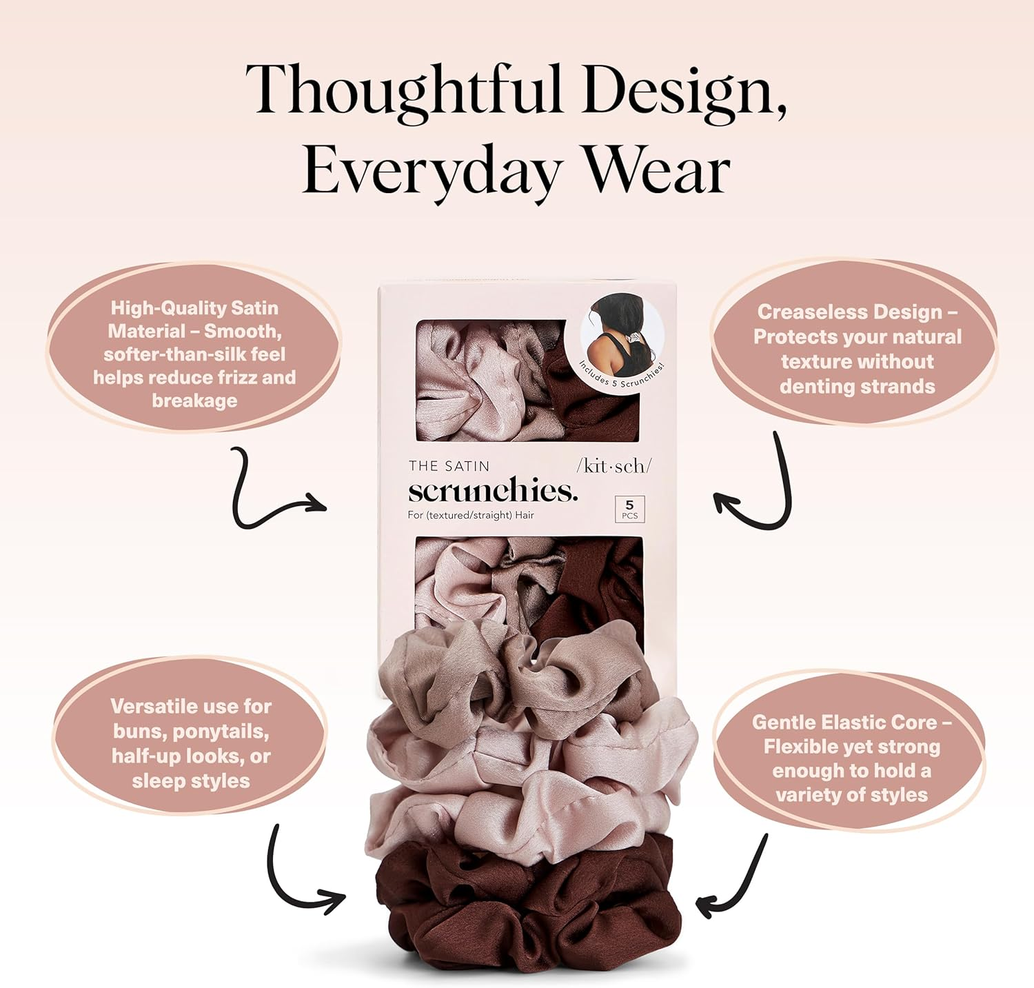 Kitsch Satin Scrunchies for Women - No Crease Hair Ties for Girls | Scrunchies for All Hair Types and Textures, Perfect for Day or Night | Ideal Gifts for Women - 5 Pcs, Cameo - Black image number 6