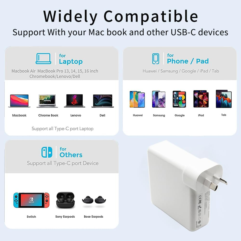 LZUMWS 96W/90W/87W/67W/61W/45W Fast Charger 20V 4.8A USB C for Macbook Pro13 16 15 14'',Macbook Air M1 M2 13" 2018-2022,Pad Pro, Laptop Adapter Compatible All Type C Device with USB C Charge Cable image number 5