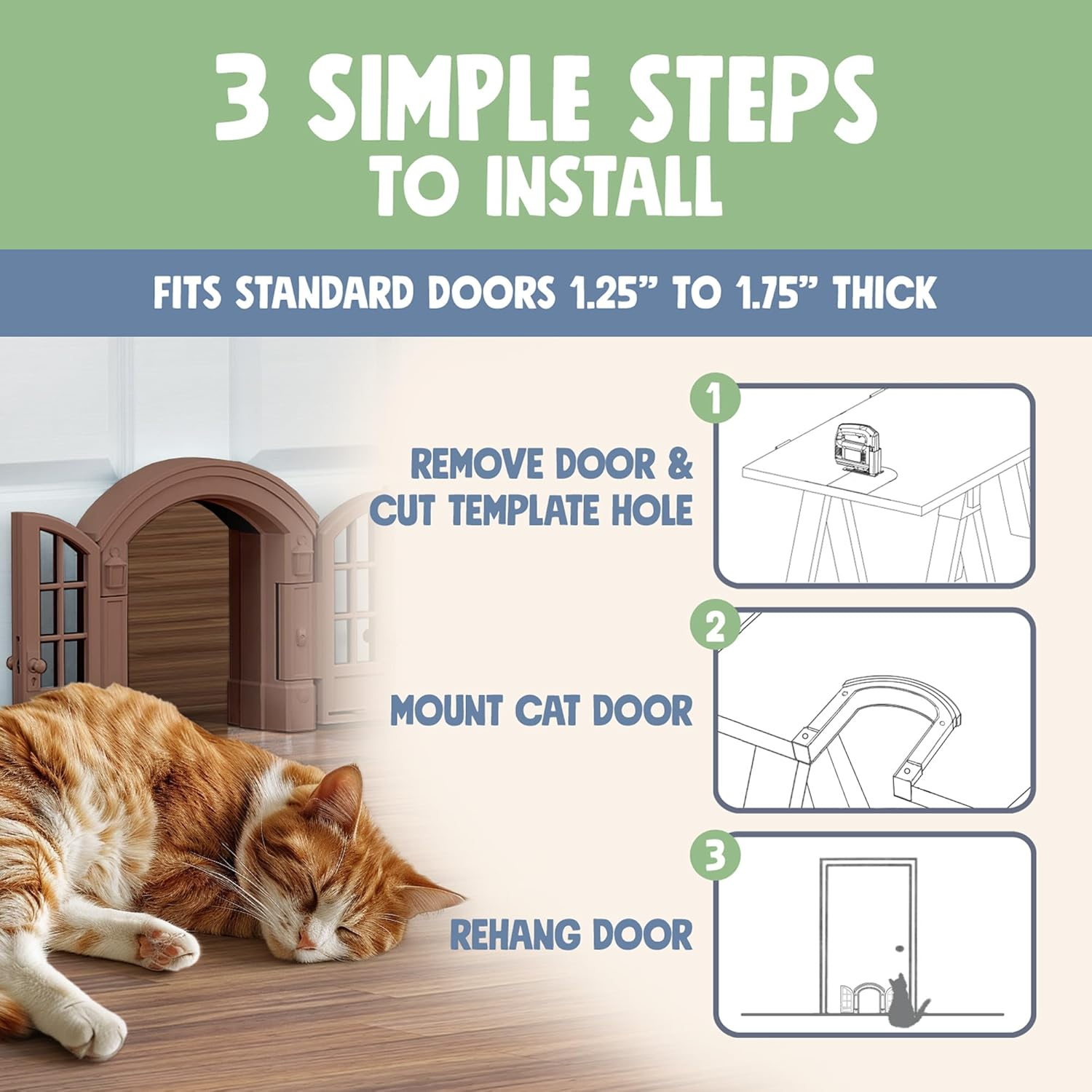 Purrfect Portal French Cat Door - Stylish No-Flap Cat Door Interior Door for Average-Sized Cats up to 20 Lbs, Easy DIY Setup, Secured Installation in Minutes, No Training Needed, 7.13 X 8.32&rdquo; - Brown image number 5