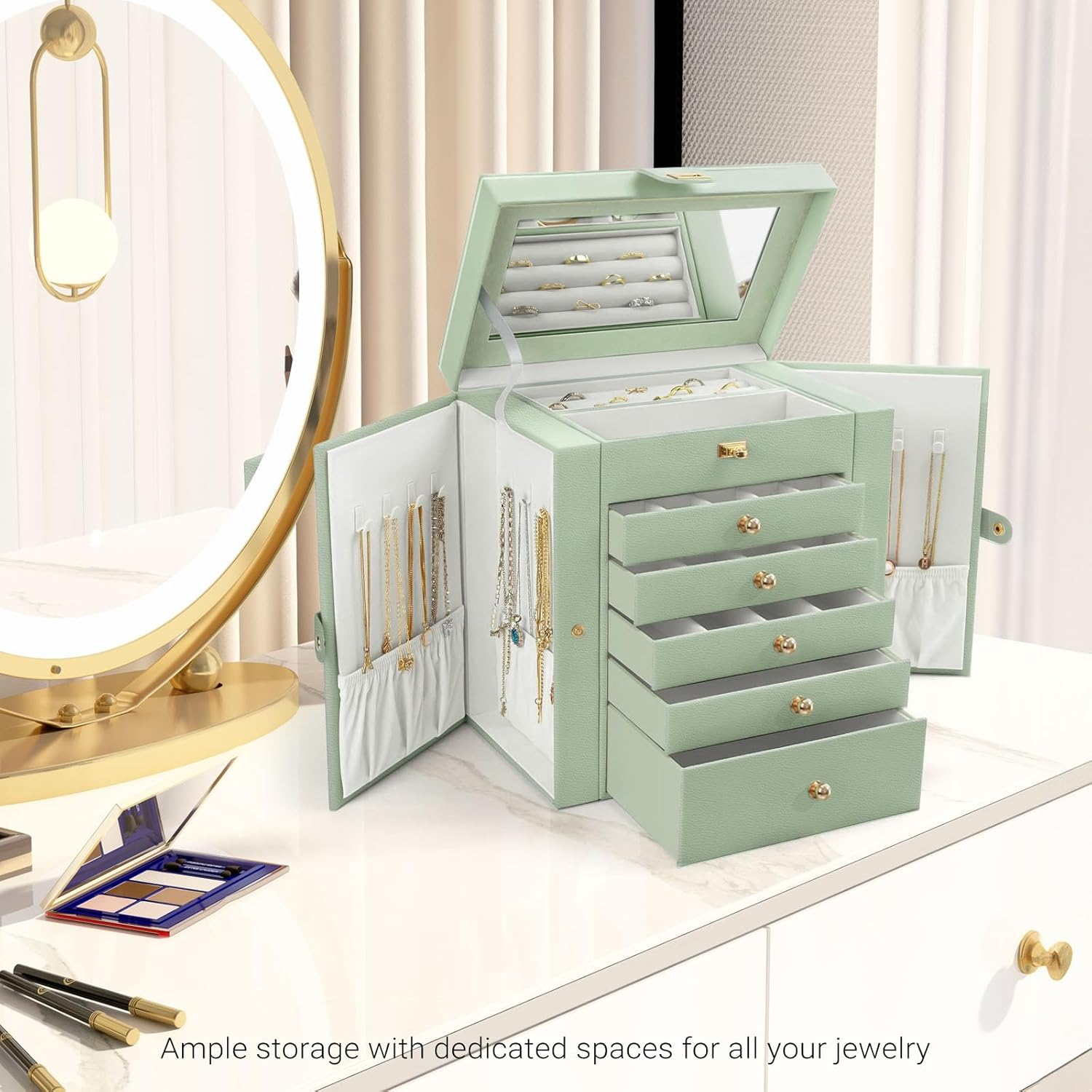 LIAN 6-Layer Large Jewelry Box with Big Mirror Functional Huge 5 Drawers Leather Jewelry Storage Case for Women Girls Ring Necklace Earring Bracelet Holder Organizer (Large-Pale Green) - Large-Pink image number 4