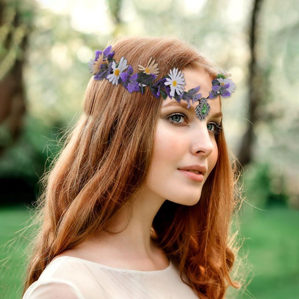 IYOU Elf Fairy Flower Crown Purple Floral Headband Crystal Leaf Headpieces Beach Wedding Hair Accessories for Women and Girls image number 6