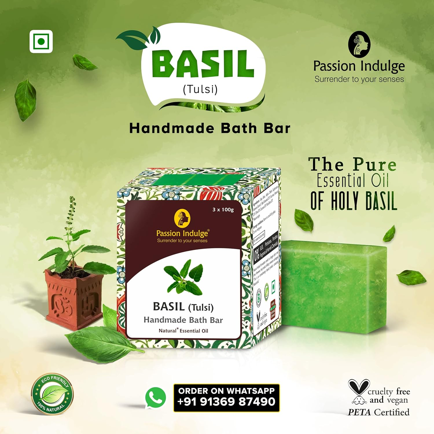 Passion Indulge Combo Handmade Bath Bar anti Microbial Soap - Basil and Tea Tree Soap | Natural Soap | Soap for Men| Soap for Women | anti Microbial Soap | Essential Oil Soap | Vegan Soap