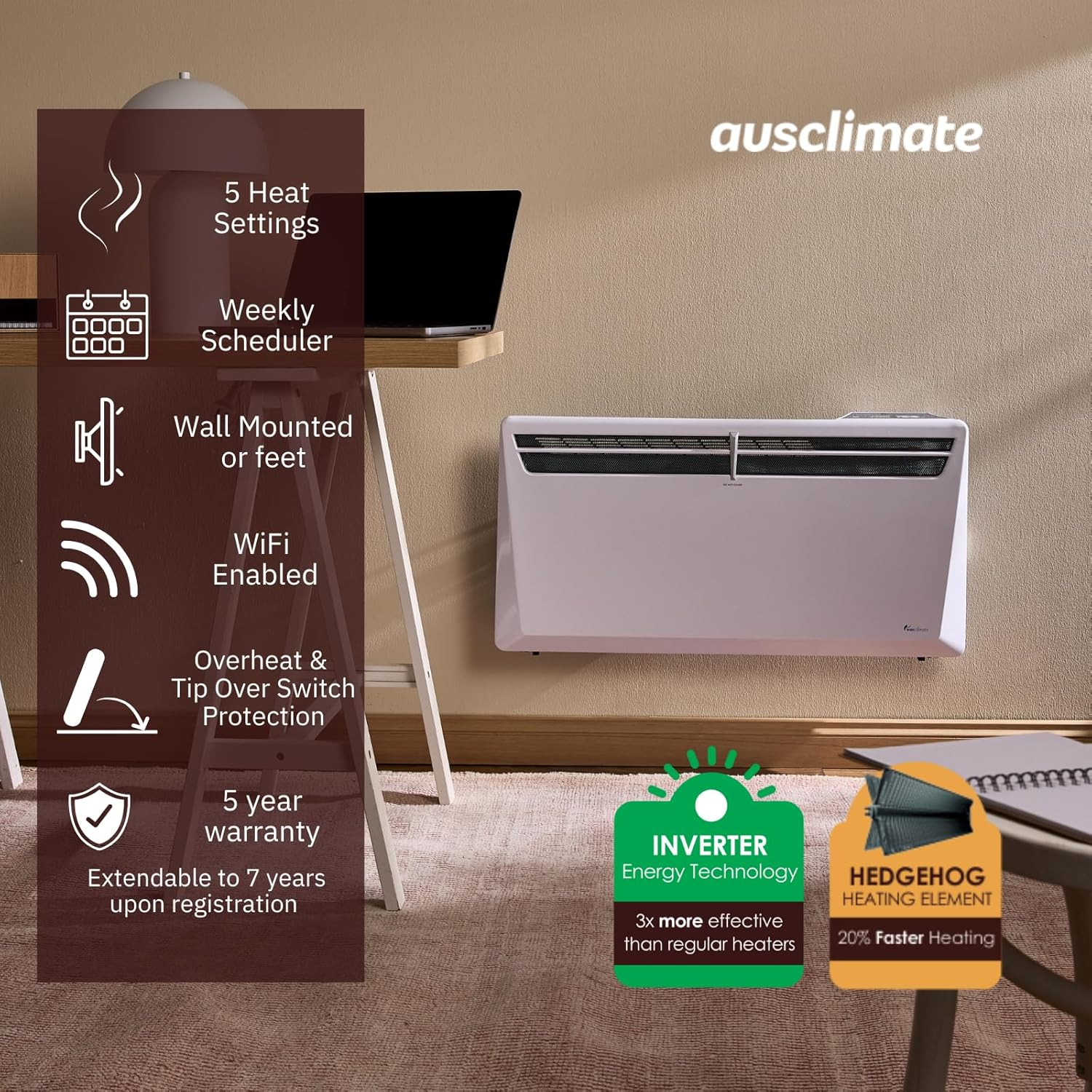 Ausclimate 2000W Smart Inverter Metal Panel Heater, Home Heater with 24-Hour Timer, Suitable for Medium-Sized Rooms up to 30M2, Compatible with Alexa and Google Home, White image number 1