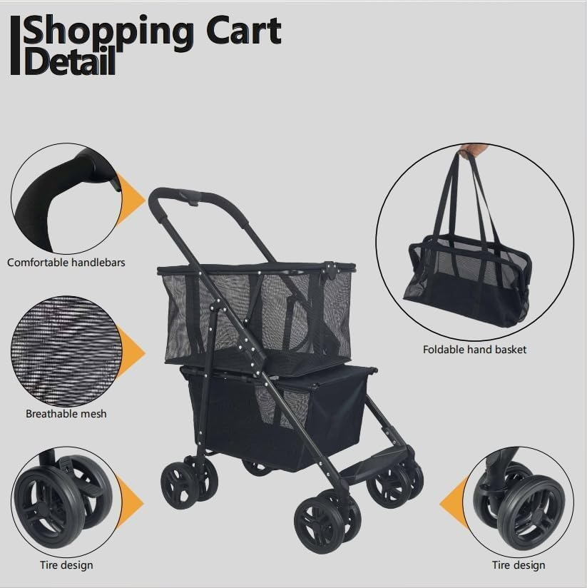 Folding Shopping Cart, Newly Upgraded 80 Lbs Foldable Grocery Cart, Portable Multifunctional Cart with Removable Tote Bag, Large Storage Space, with 360&deg; Wheels and One-Step Parking Brake, Black image number 3