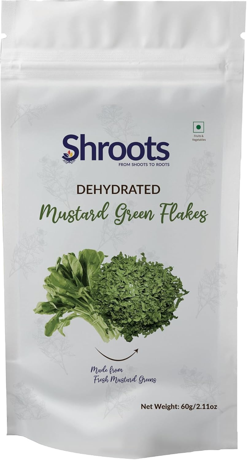 SHROOTS Dehydrated Mustard Green Leaves (Sarso) Flakes Pure Vegetarian Gluten-Free No Added Salt Easy Cooking Machine Dried Vegetables with Natural Aroma Ideal for Everyday Meals 1.06 Oz, Pack of 1 - 60G