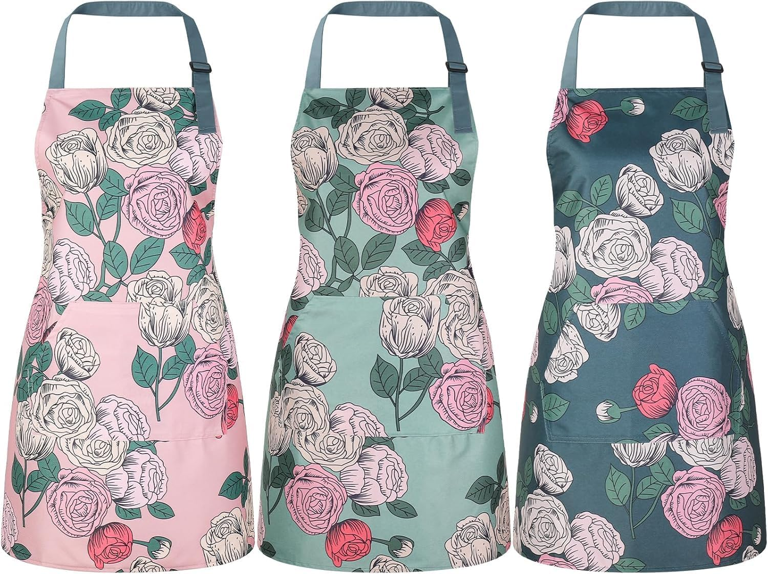3 Pack Floral Aprons for Women with Pockets, Women Aprons Waterproof Adjustable Cooking Aprons for Kitchen, Gardening, Baking, Salon