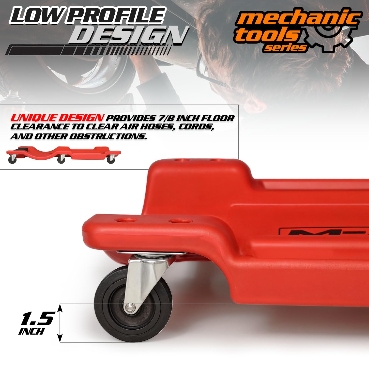 M-AUTO Plastic Rolling Garage Creeper with Padded Headrest 36" Light Weight Automotive Creeper Mechanic Cart with Dual Tool Trays and Noiseless Casters, Red image number 1