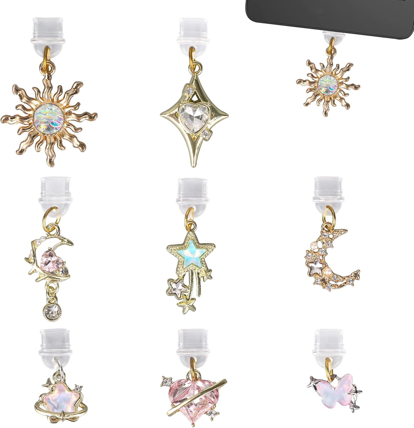 8Pcs Aesthetic Dust Plug Charms, Vintage Fantasy Star Moon Sun Heart Butterfly Pendant Y2K Type C & USB-C Charging Port Covers for E-Reader Smart Phone image number 2