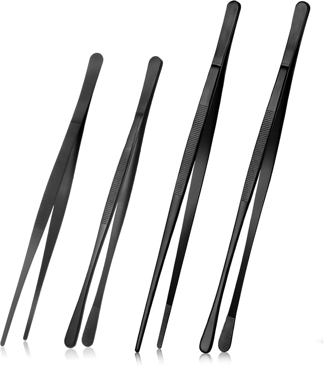 4 Pcs Black Stainless Steel Kitchen Tweezers Tongs, 25 CM & 30 CM Culinary Precision Straight Tongs, Serrated Tip and round Tip Tweezer Set for Cooking, Bartending, BBQ, and Repairs image number 3