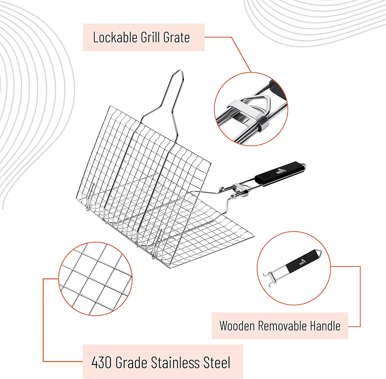 UNCO- Grill Basket, Stainless Steel, Silicone Brush, Fish Grill Baskets for Outdoor Grill, Vegetable Grill Basket, BBQ Grill Basket, BBQ Basket, Grilling Basket, Fish Basket for Grilling, 4Th of July image number 4