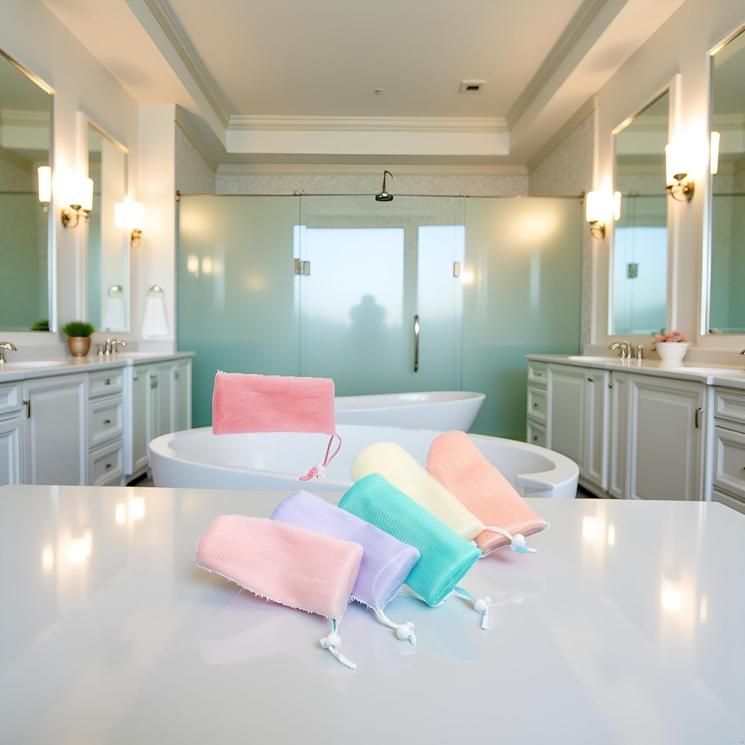 6PCS Multicolor Exfoliating Mesh Soap Pouch Bubble Foam Net Bag for Shower Saver Pouch Drawstring Foaming Net Soap Bag for Body Facial Cleaning Tool, 5 Colors Easy to Store Used Repeatedly,Cleansers image number 3