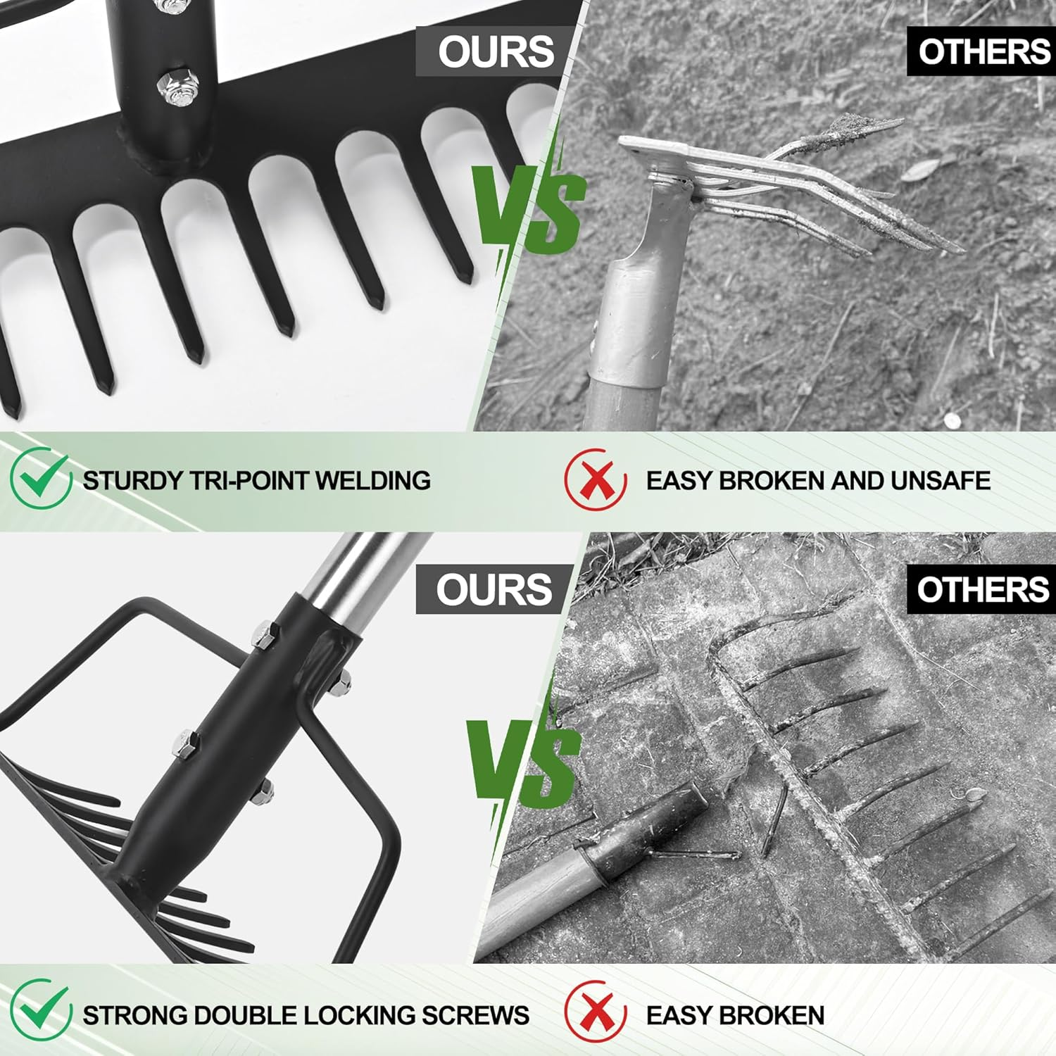 15 Inch Wide Heavy Duty Bow Rake, 16 Steel Tines Metal Head Rake Tool with Stainless Steel Handle, Adjustable Long Handle Garden Rake for Loosening Soil Leveling Mulch Gathering Lawns Leaves image number 1