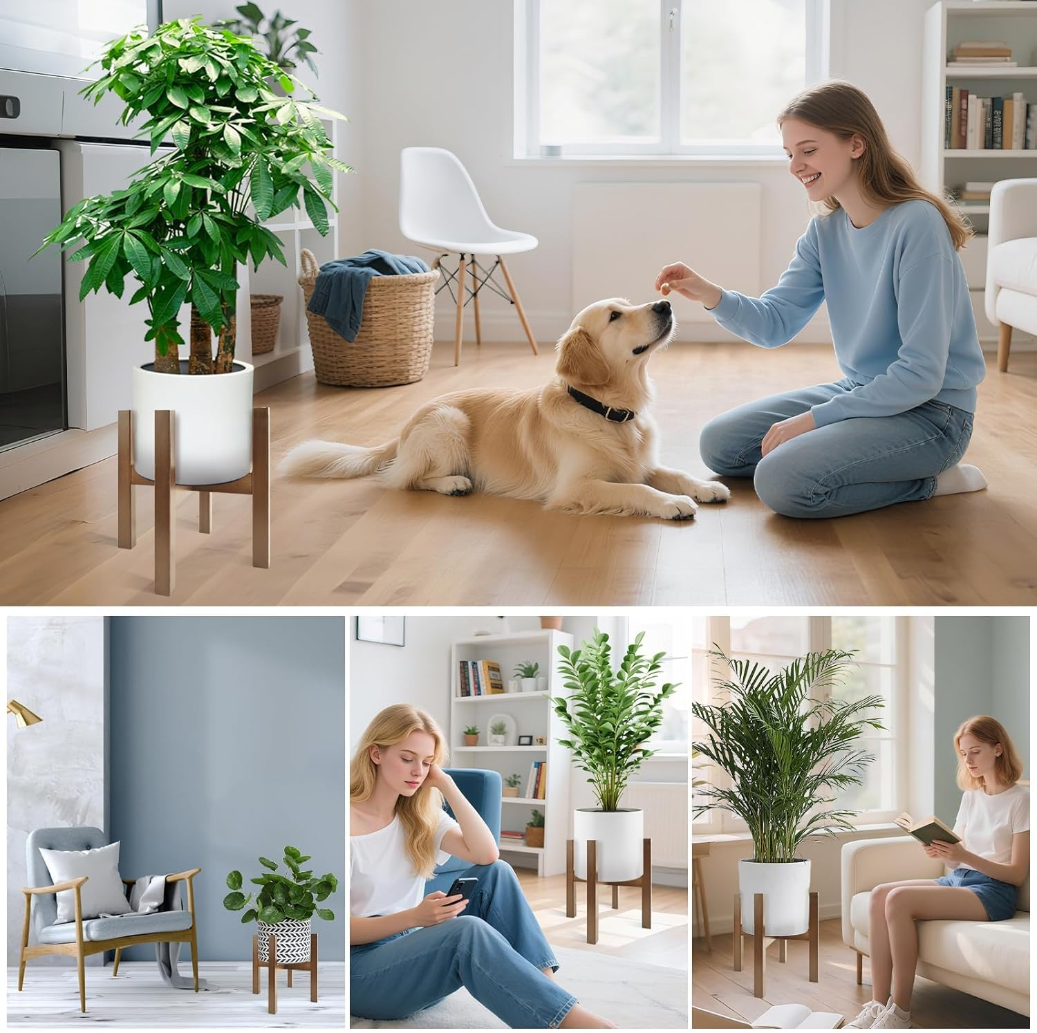 Natural Bamboo Plant Stand Indoor, Adjustable Plant Shelf Indoor Fits 8-12 Inch Pots, Mid Century Modern Decor to Refresh Your Space(Pot & Plant Not Included) image number 3