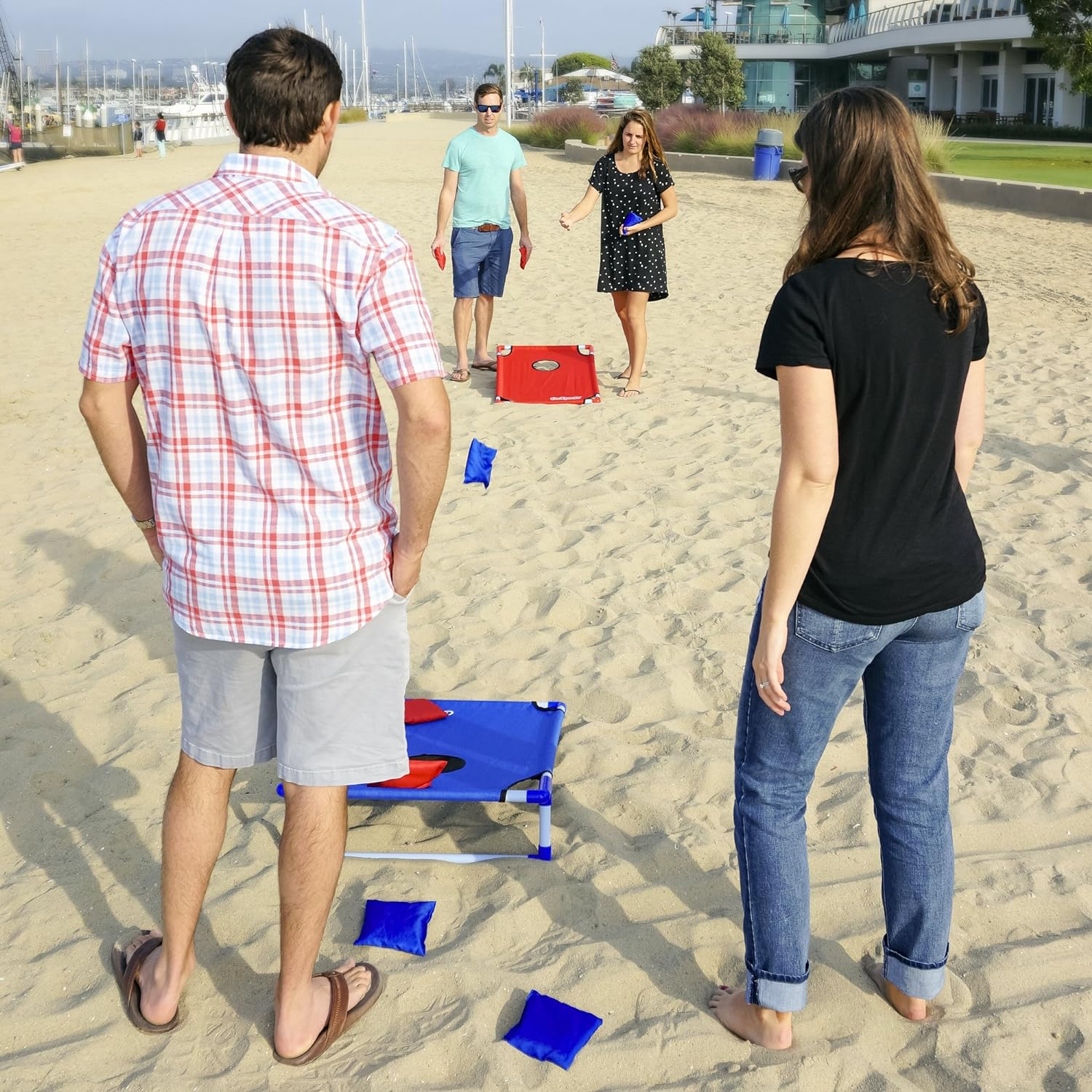 Gosports Portable PVC Framed Cornhole Toss Game Set with 8 Bean Bags and Travel Carrying Case - Choose American Flag Design, Red & Blue or Football image number 2