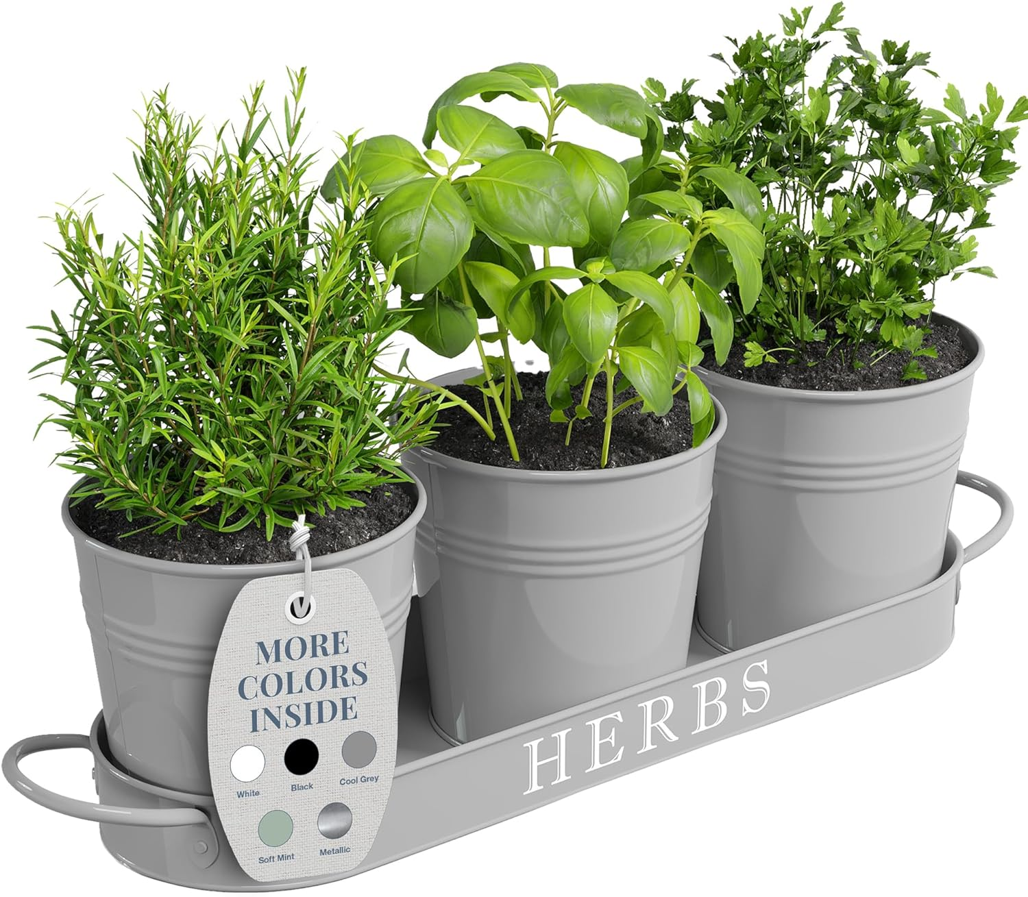 Barnyard Designs Indoor Outdoor Herb Garden Planter Set with Tray, Metal Windowsill Herb Pots, Black, Set/3