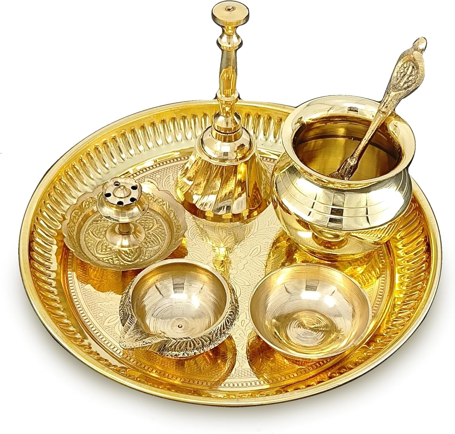 NOBILITY Brass Pooja Thali Set Small 6 Inch Puja Thali with Pital Plate Chandan Wati Kalash Kuber Diya Ghanti Palli Arti Thali for Diwali Home Office Mandir Wedding Return Gift Items image number 2
