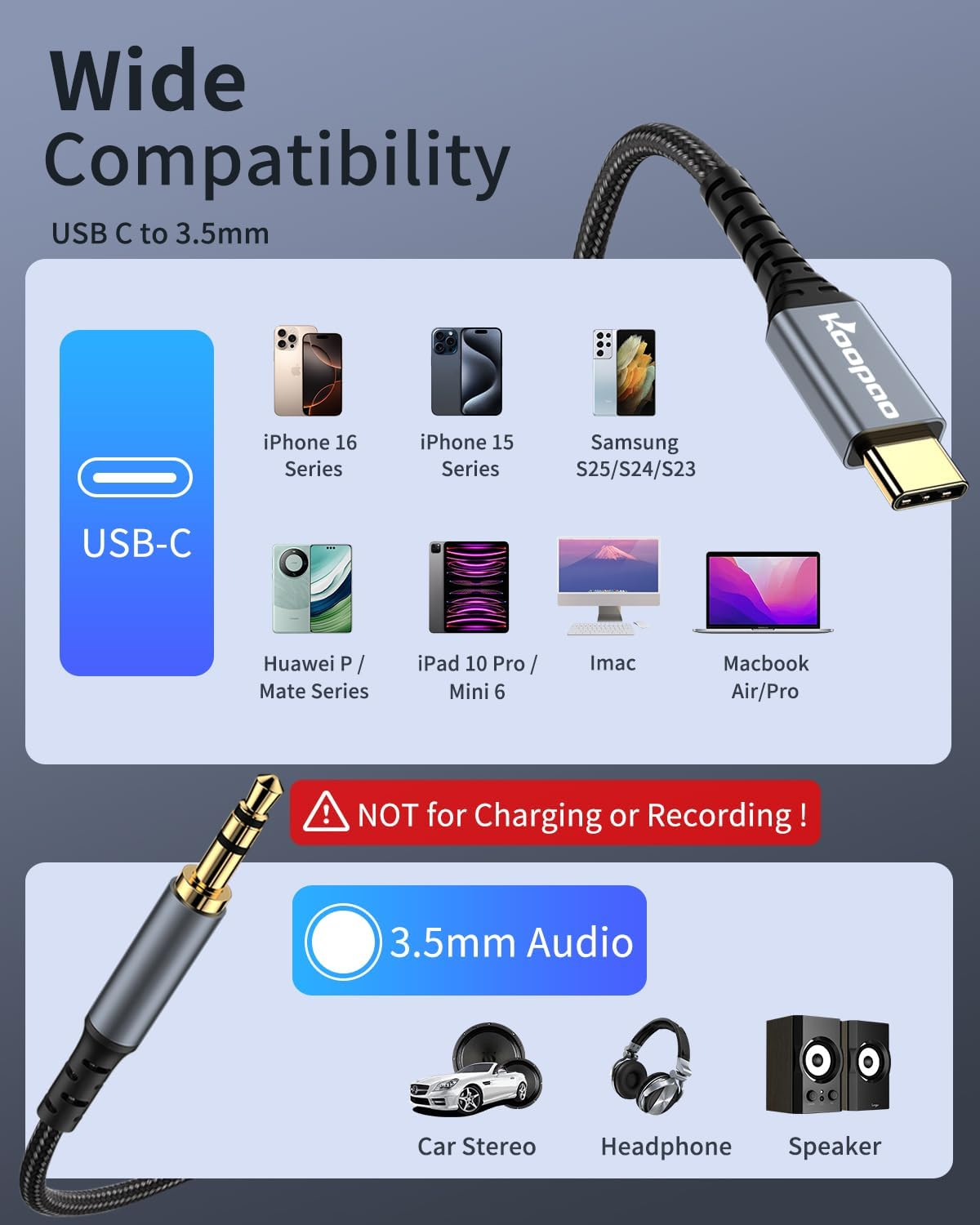 USB C to 3.5Mm Audio Aux Jack 6.6FT Cable, KOOPAO Type C Adapter to 3.5Mm Headphone Stereo Cord Car Compatible with Ipad Pro 2018 Google Pixel 2 3 4 XL (Grey-6.6Ft)