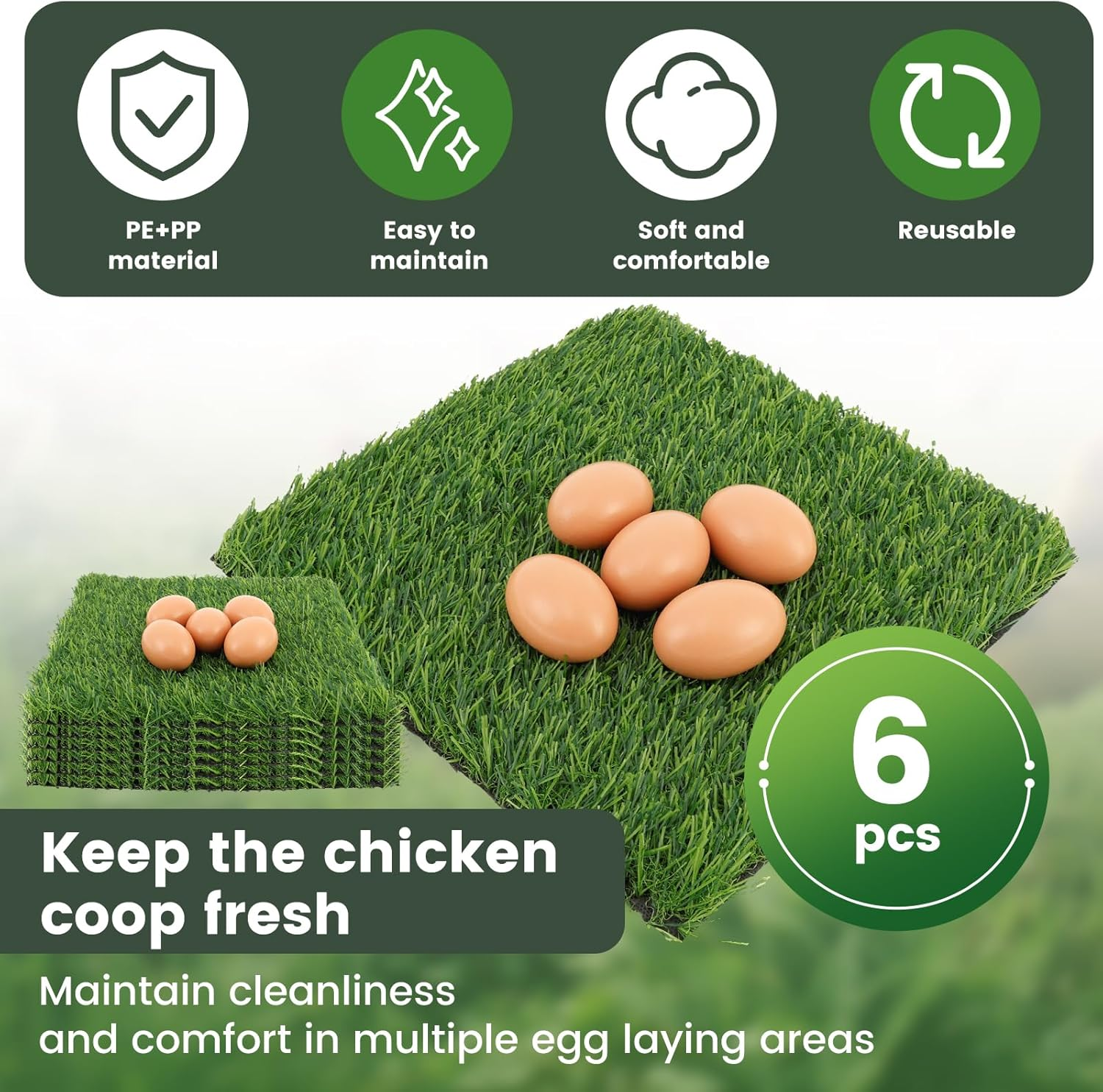 6Pcs 12Inch Chicken Nesting Pads Reusable Chicken Laying Pads Nonslip Hen Bedding Mats Washable Hen Coop Nest Liners Poultry Supplies for Laying Eggs(Green) image number 5