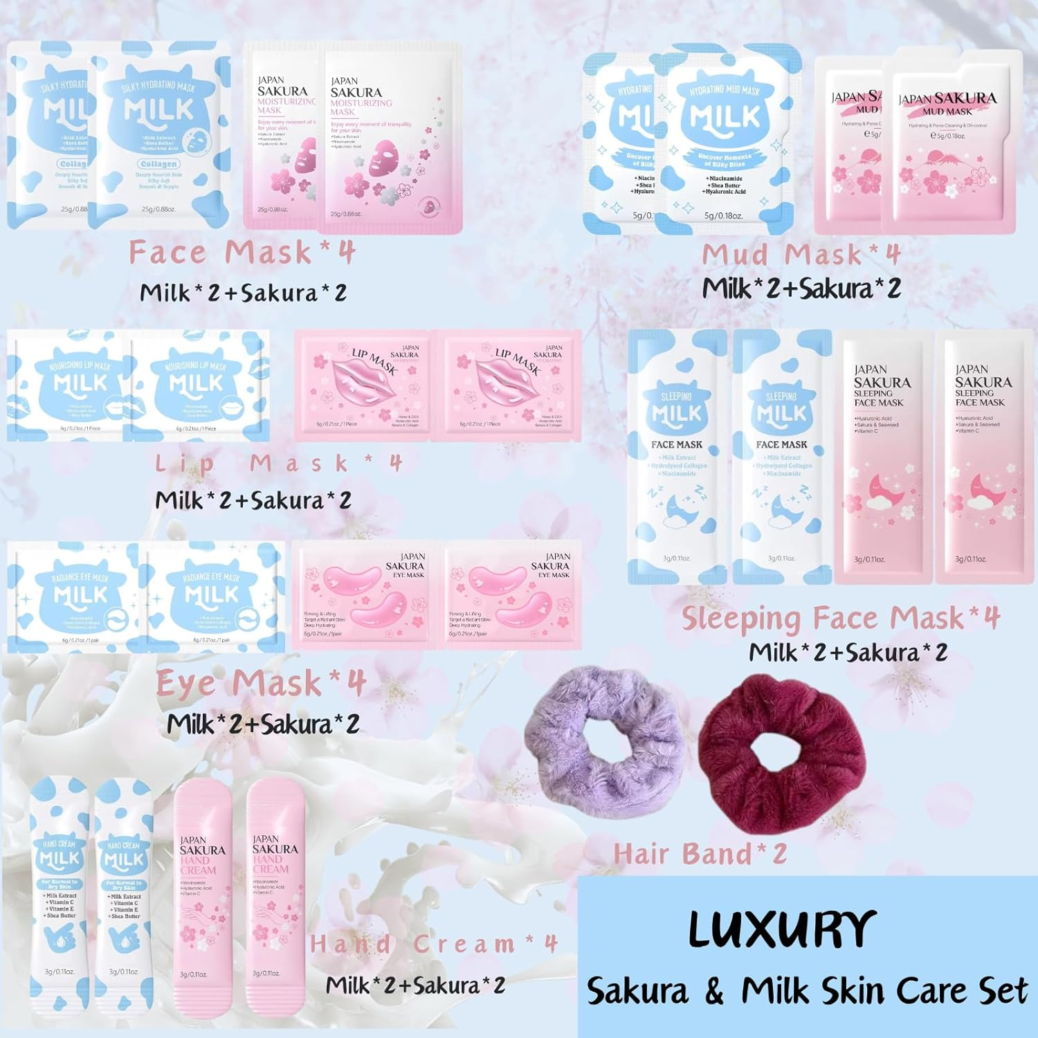 26PCS Sleepover Spa Party Supplies Set,Sakura & Milk Skin Care Set for Teenager Girl Gift,Pamper Gifts for Women with Hand Cream,Face Masks, Lip & Eye Masks,Travel-Friendly Birthday Gifts for Women